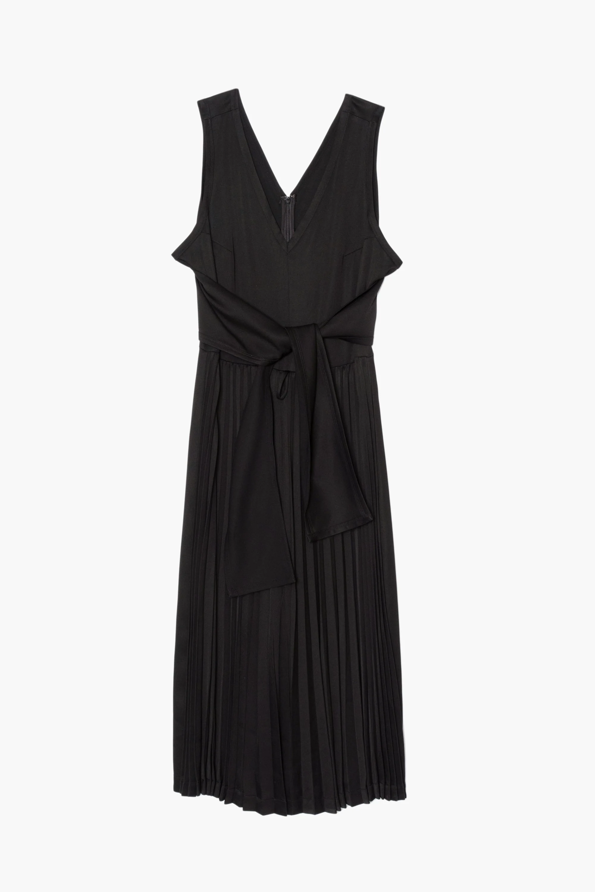 Sleeveless Satin V-Neck Dress With Waist Tie - Image 2