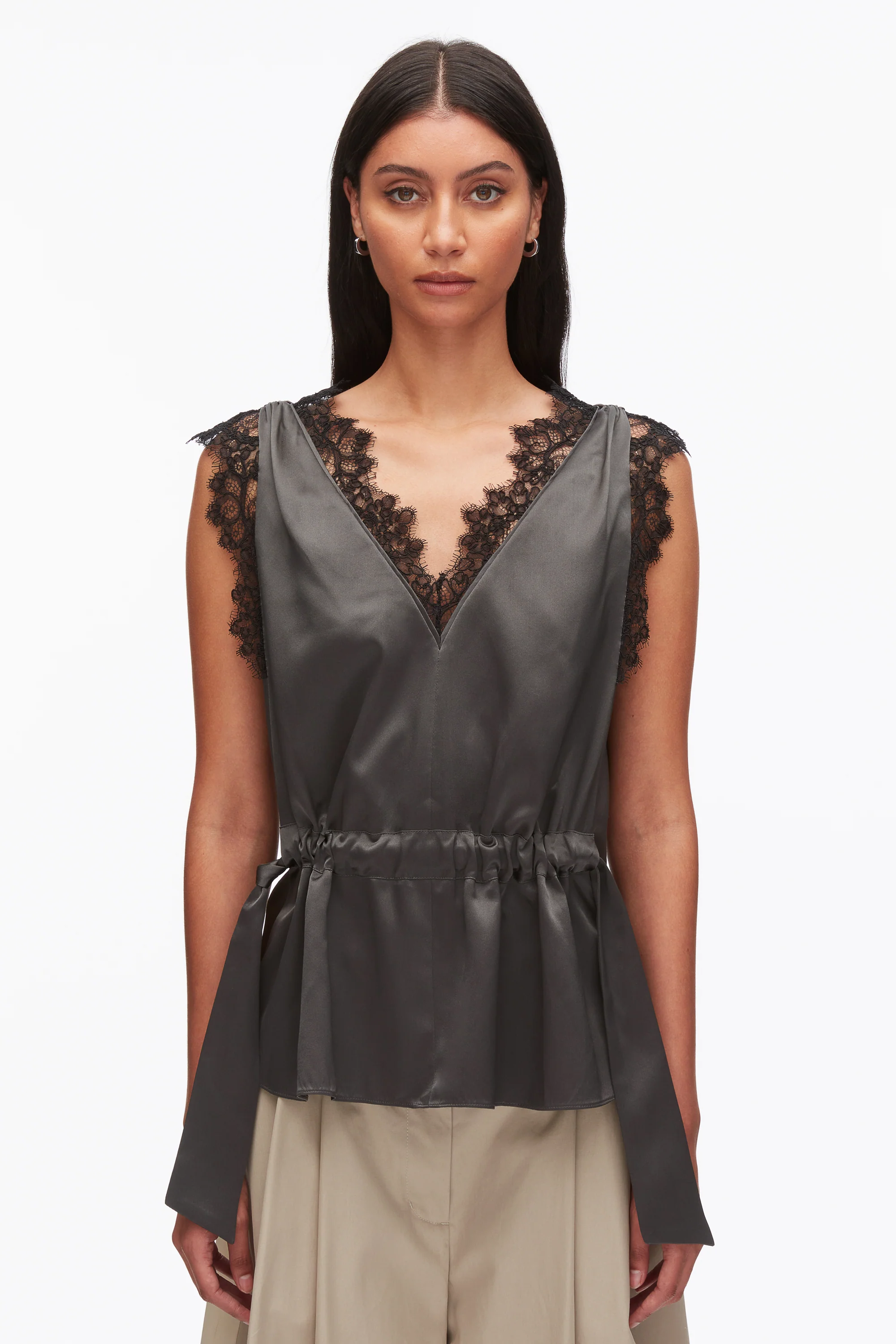 Sleeveless Satin V-Neck with Lace Trim - Image 3