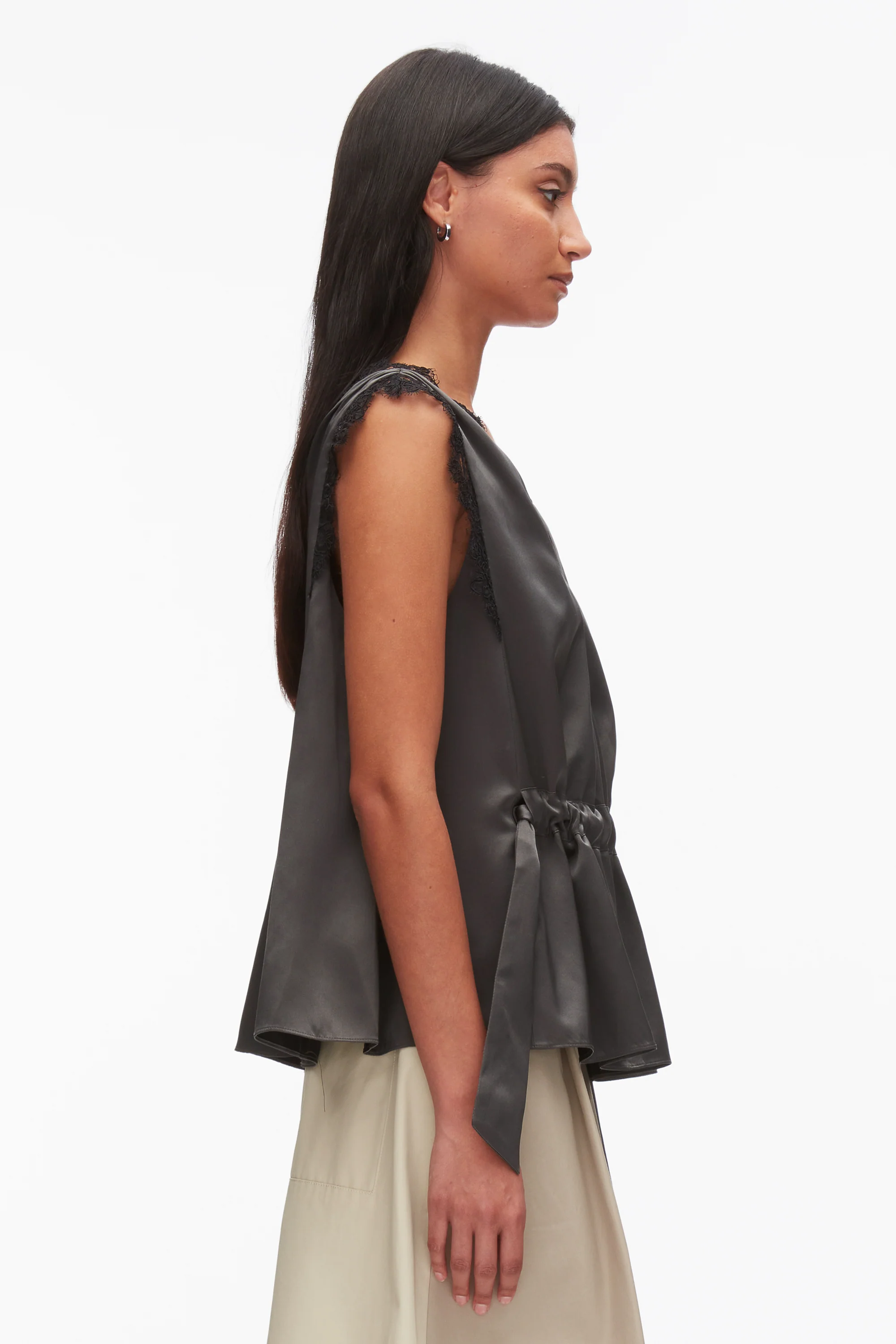Sleeveless Satin V-Neck with Lace Trim - Image 4