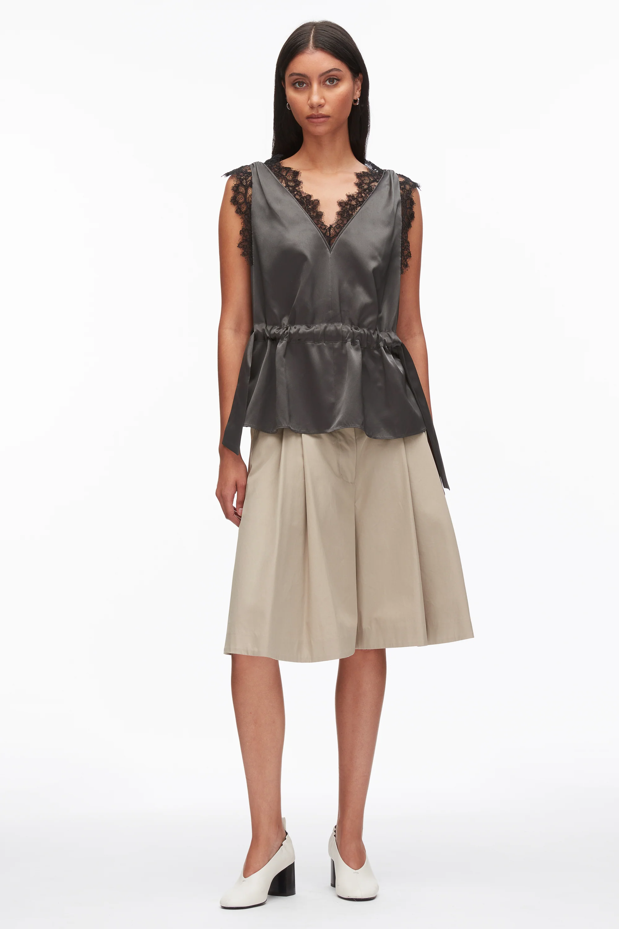Sleeveless Satin V-Neck with Lace Trim