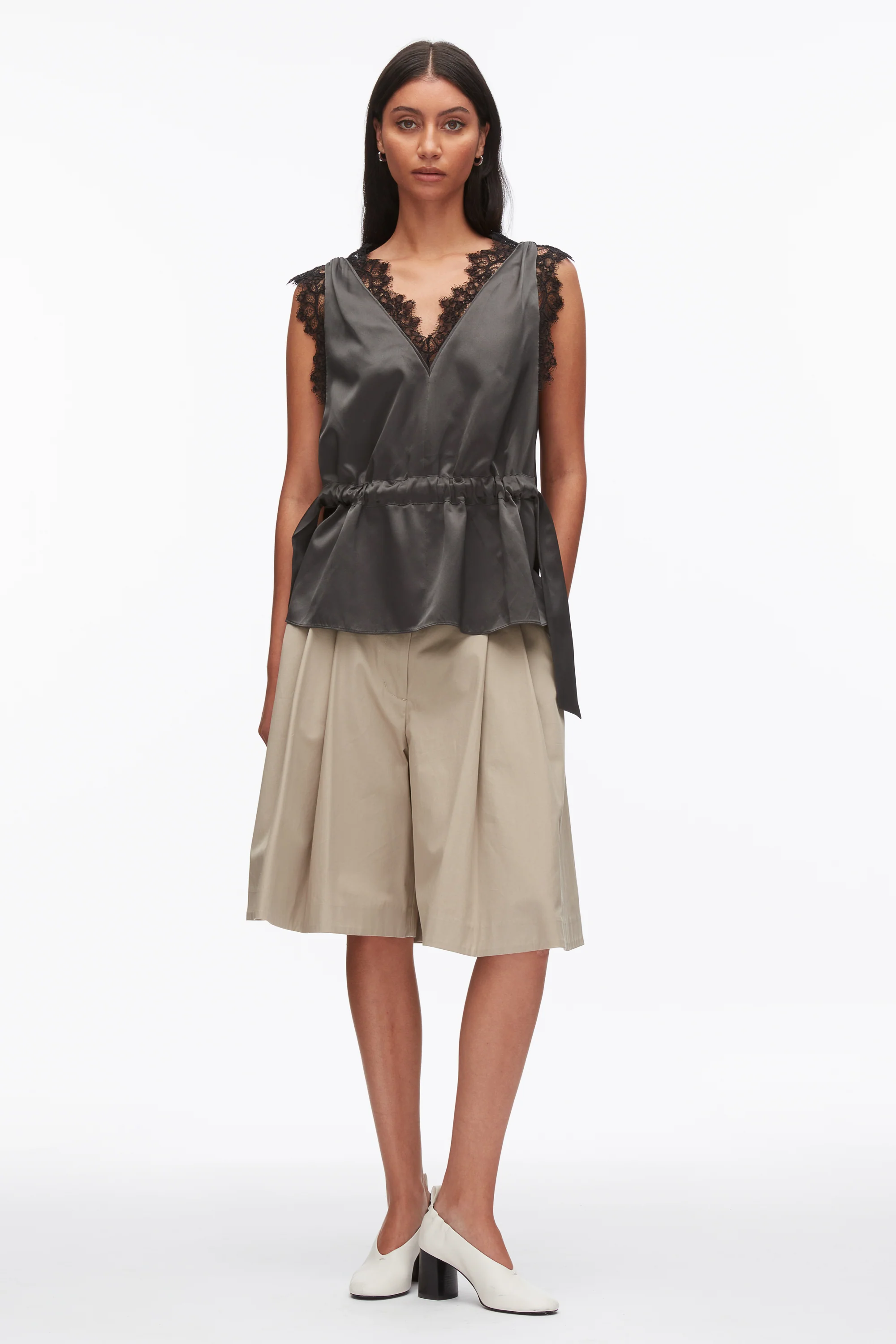 Sleeveless Satin V-Neck with Lace Trim - Image 2