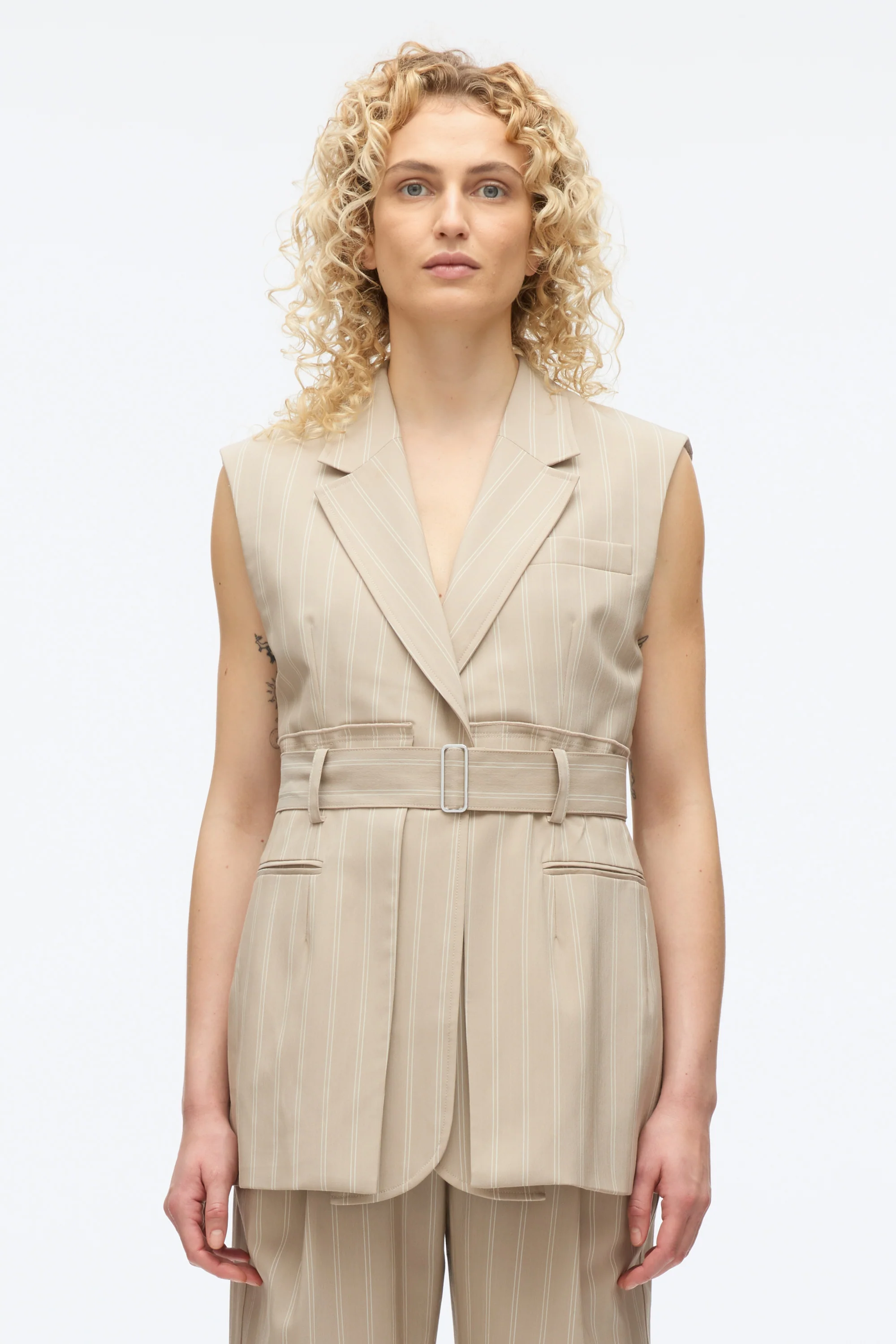 Fluid Pinstripe Belted Blazer Vest - Image 3