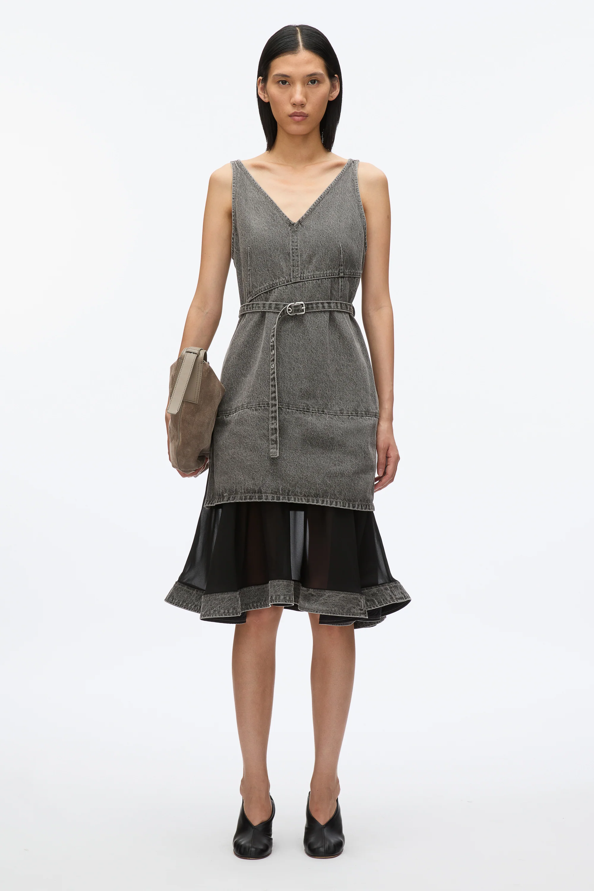 Denim V-Neck Dress with Chiffon Hem