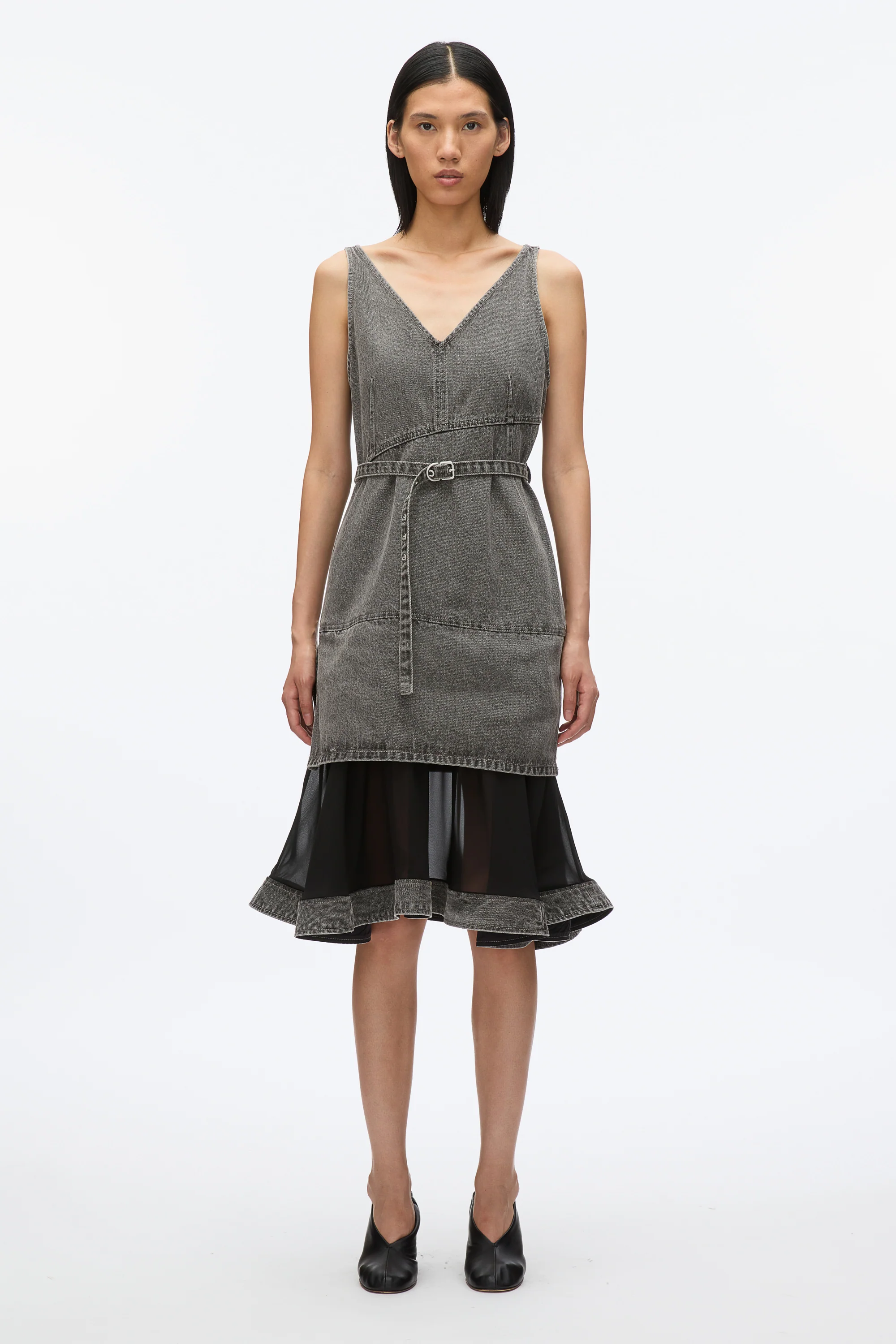 Denim V-Neck Dress with Chiffon Hem - Image 2