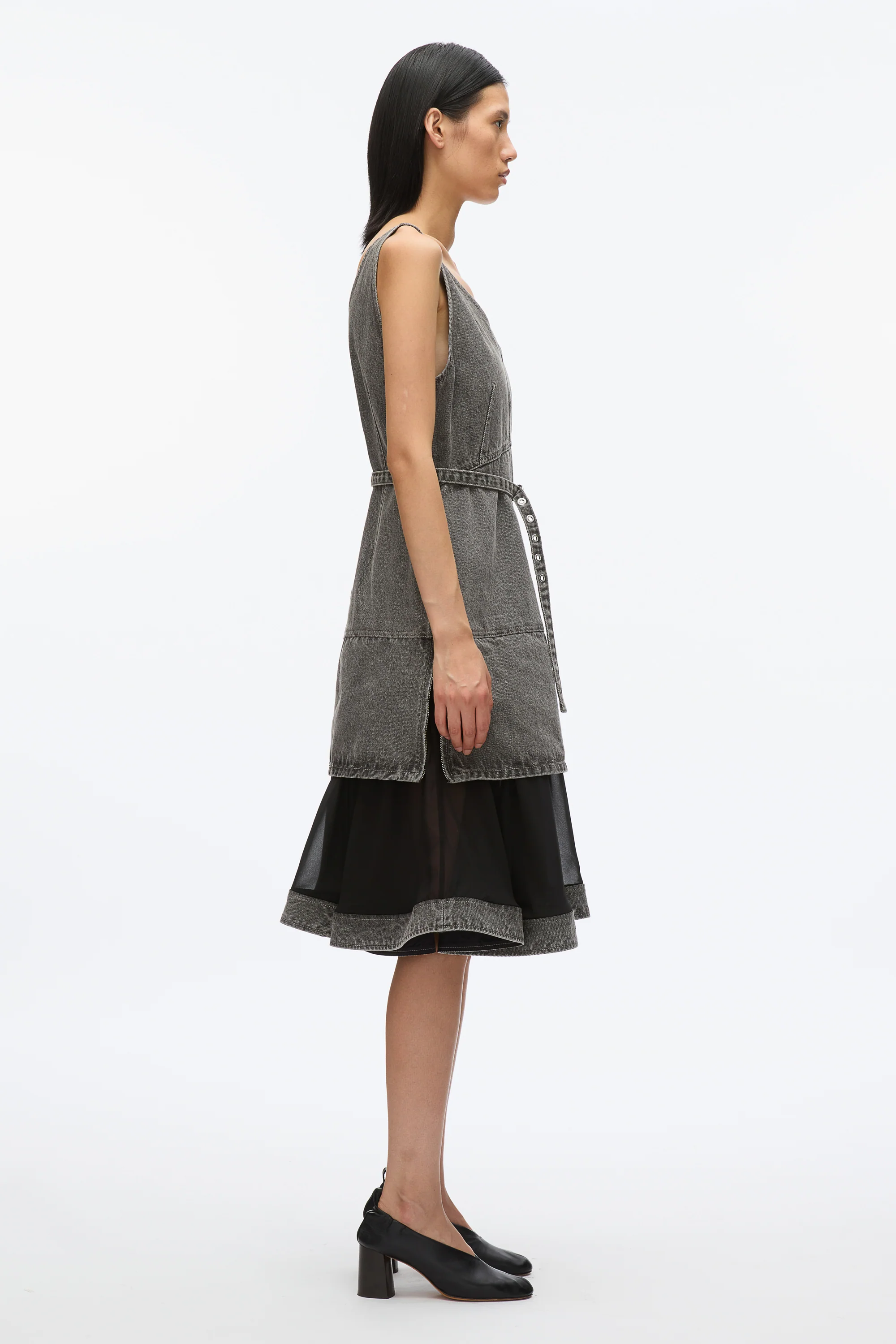 Denim V-Neck Dress with Chiffon Hem - Image 3