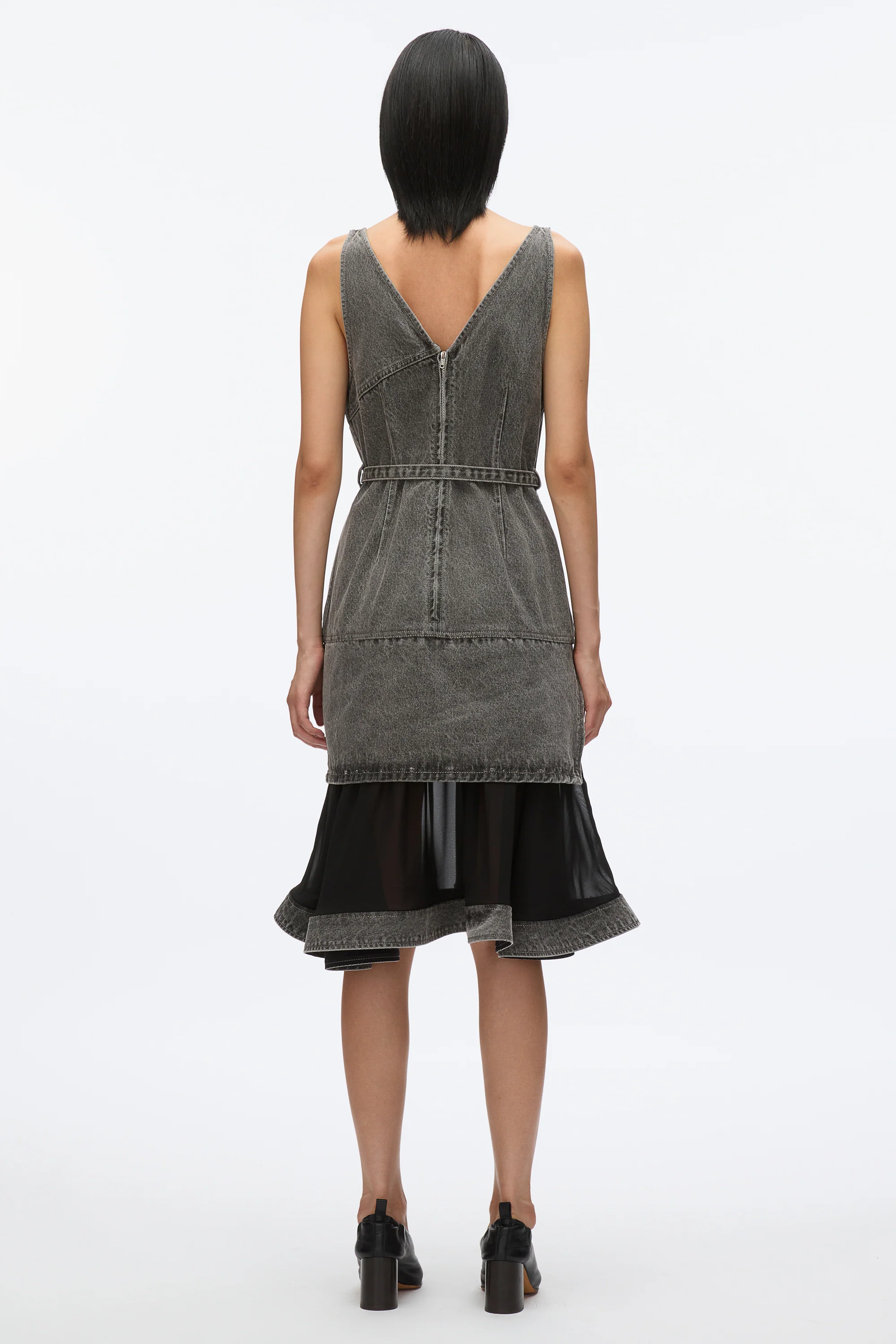 Denim V-Neck Dress with Chiffon Hem - Image 4