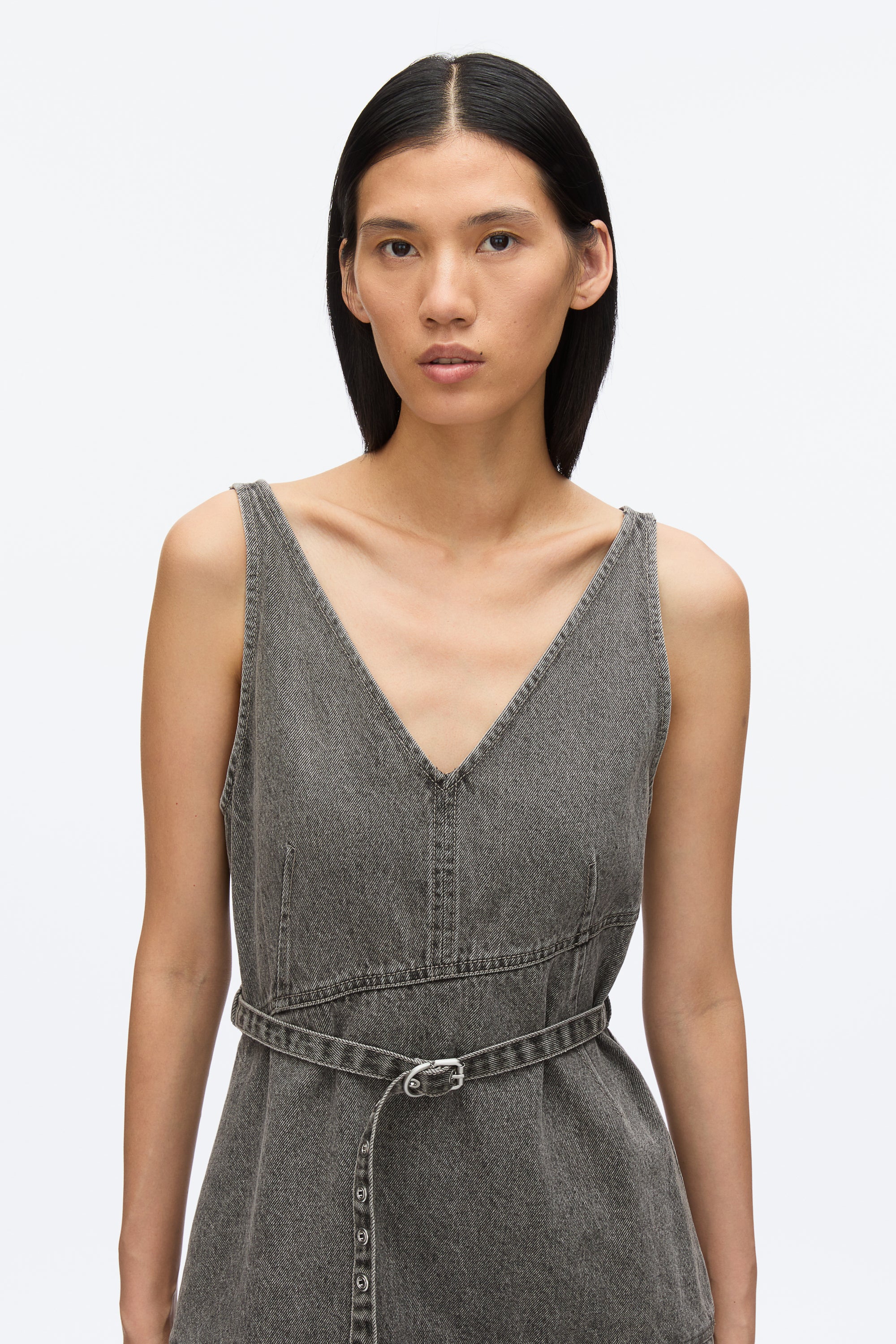 Denim V-Neck Dress with Chiffon Hem - Image 5