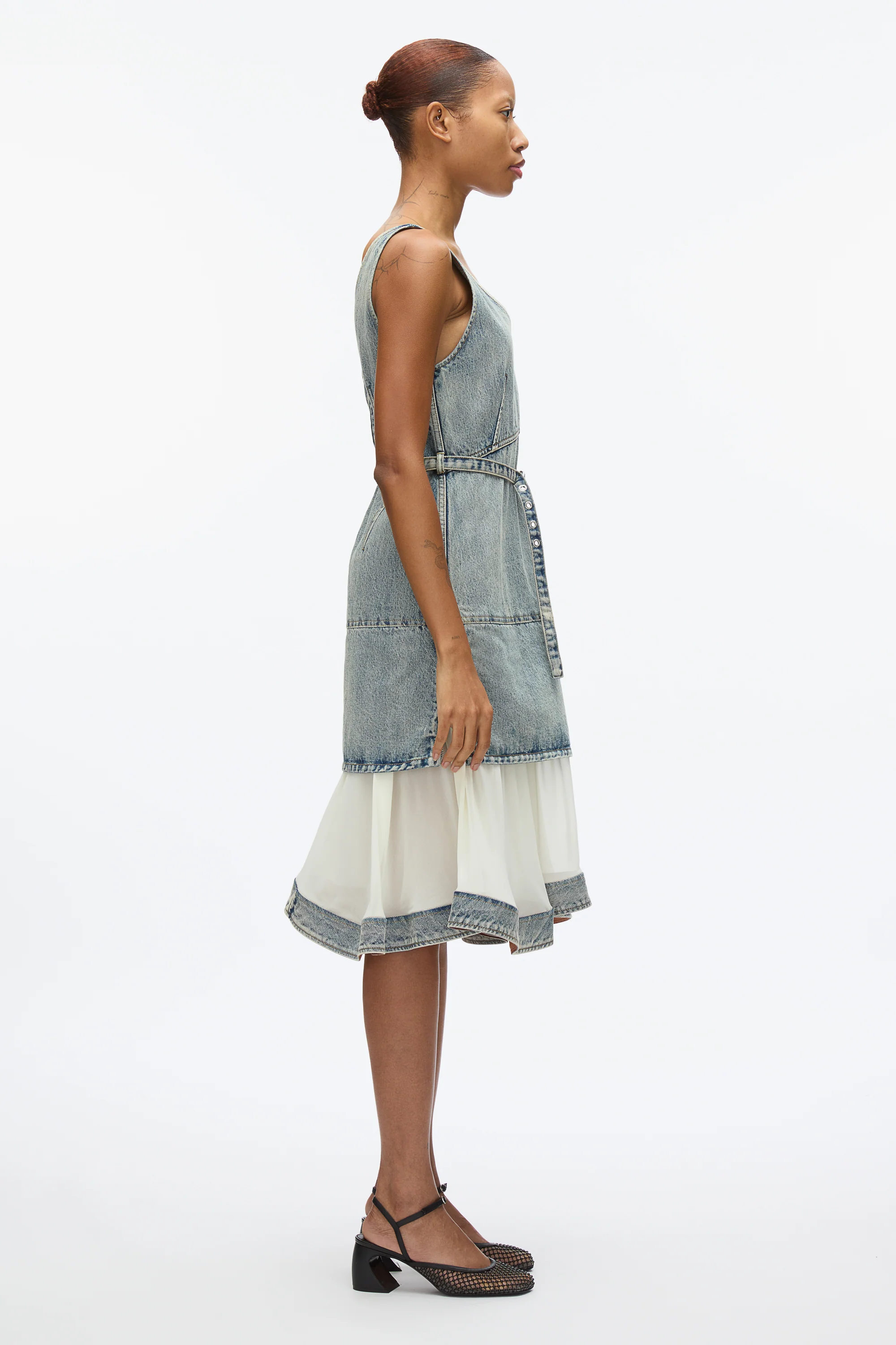 Denim V-Neck Dress with Chiffon Hem - Image 3