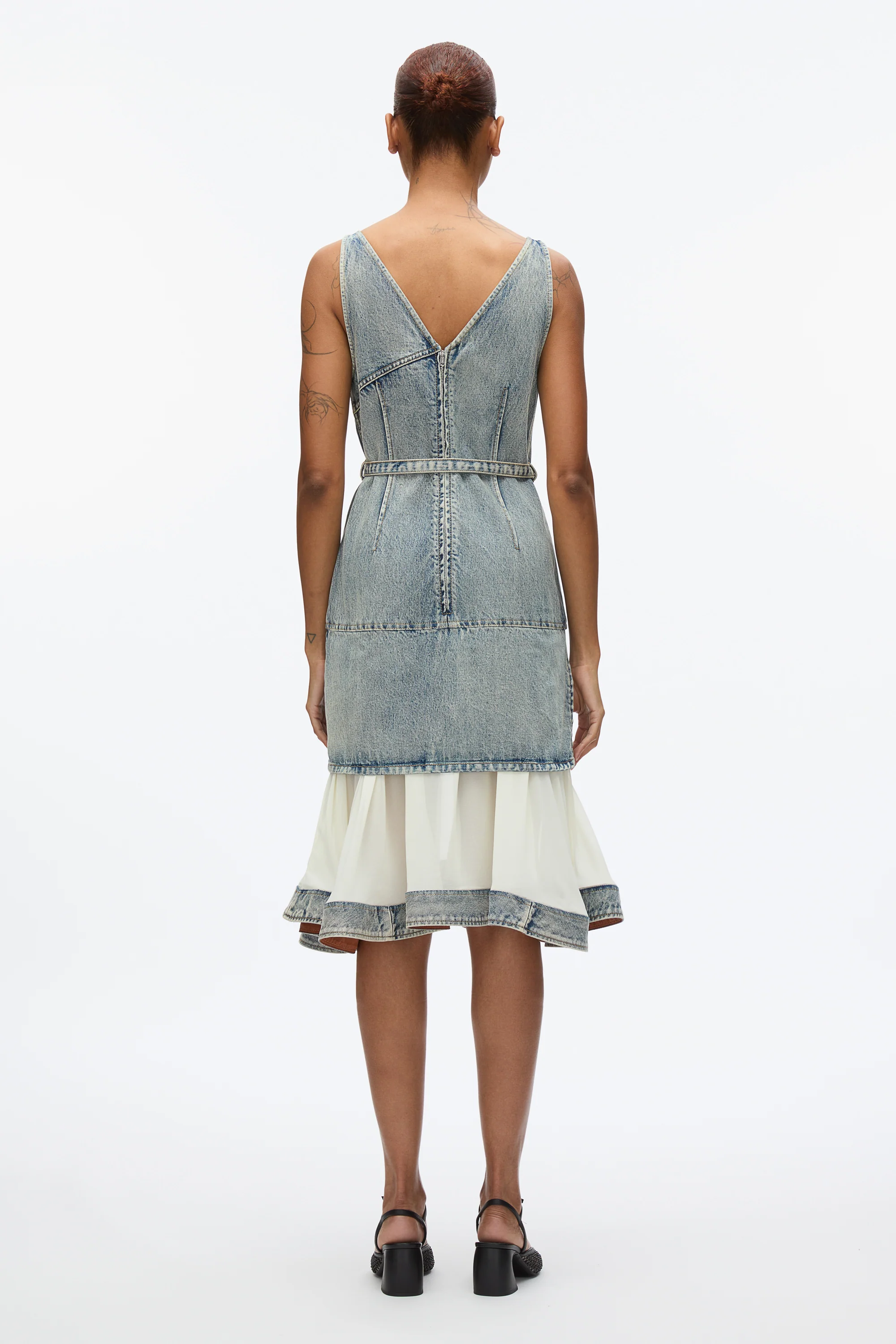 Denim V-Neck Dress with Chiffon Hem - Image 4