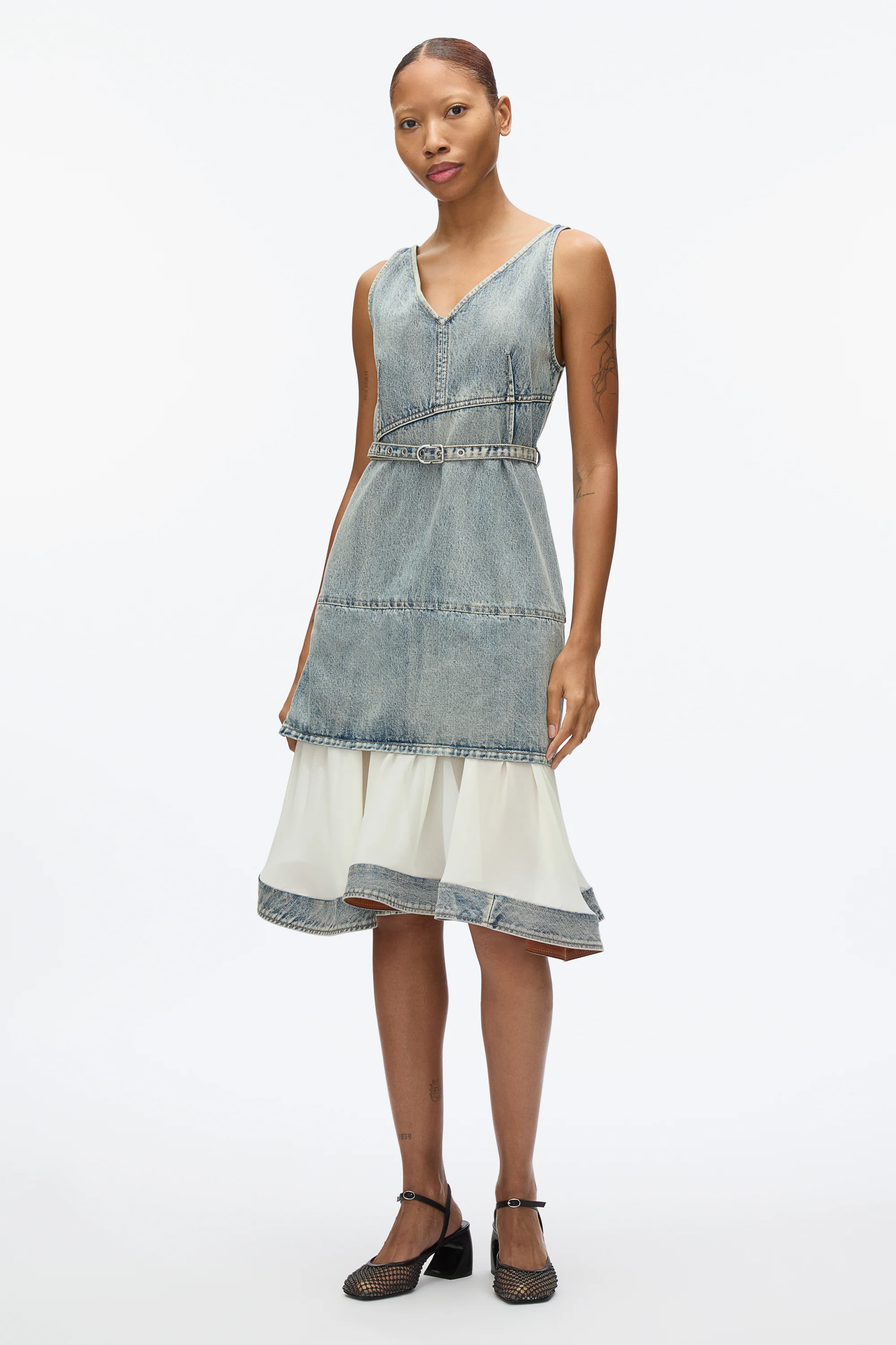 Denim V-Neck Dress with Chiffon Hem - Image 5