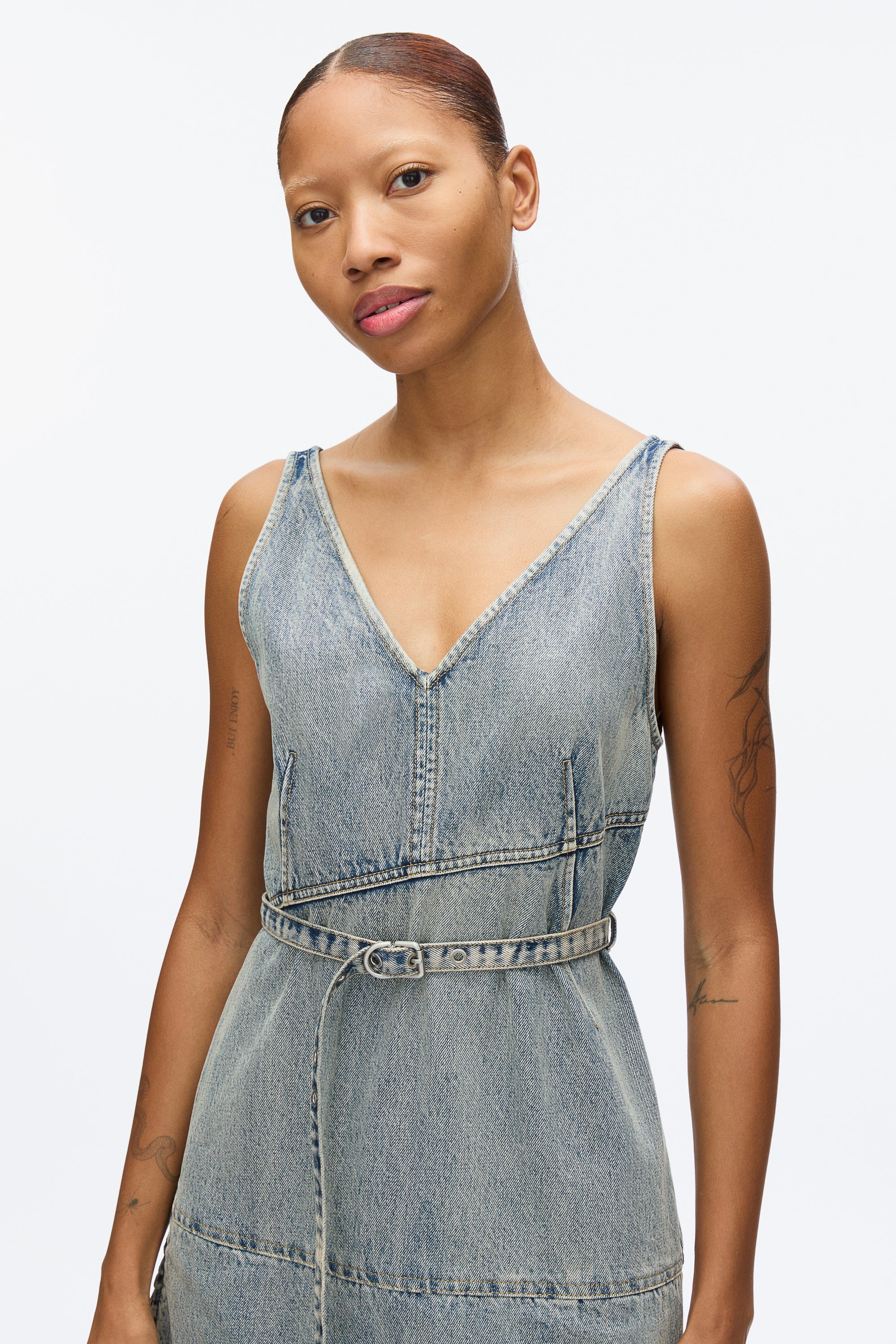 Denim V-Neck Dress with Chiffon Hem - Image 6