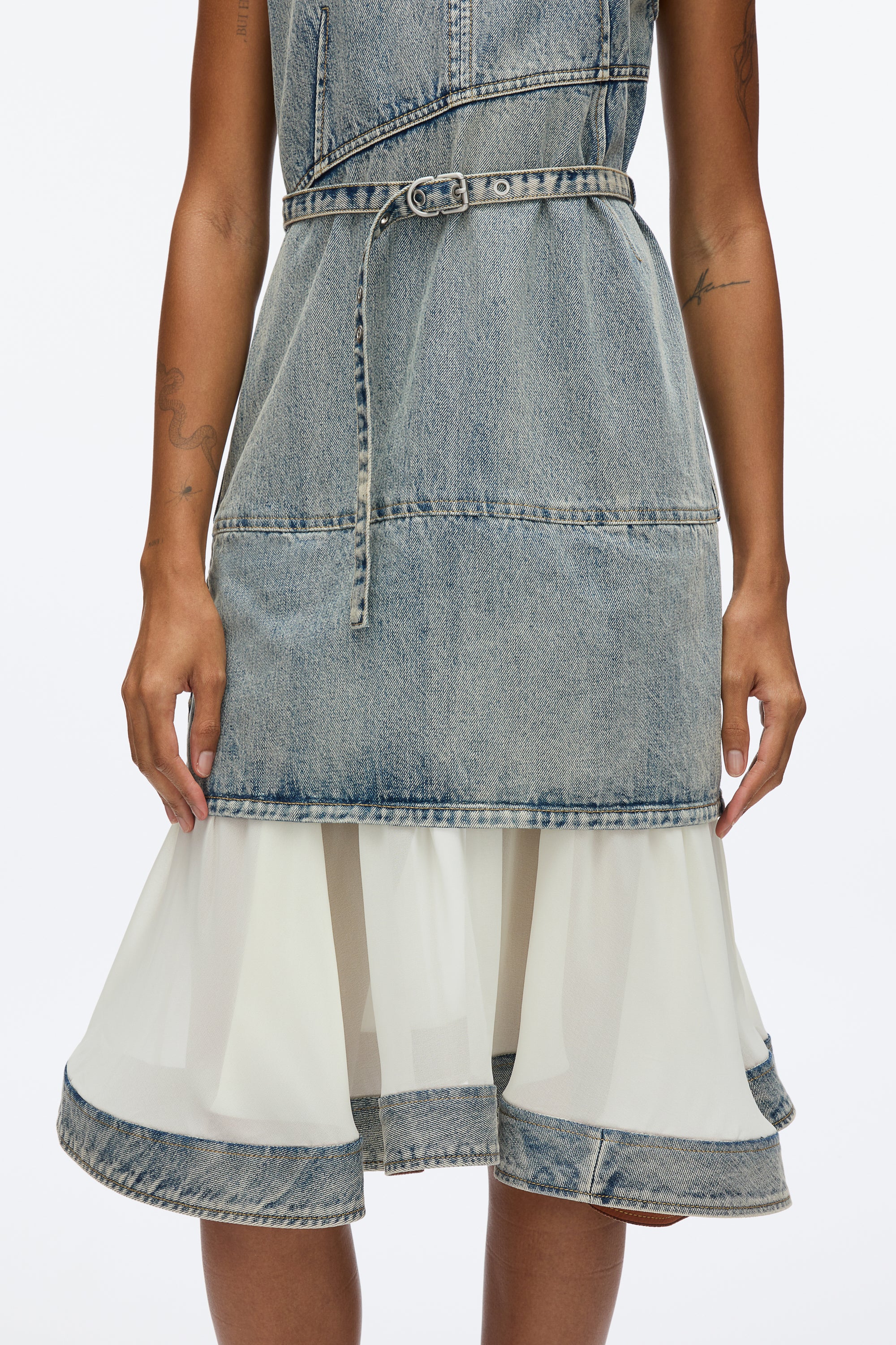 Denim V-Neck Dress with Chiffon Hem - Image 7