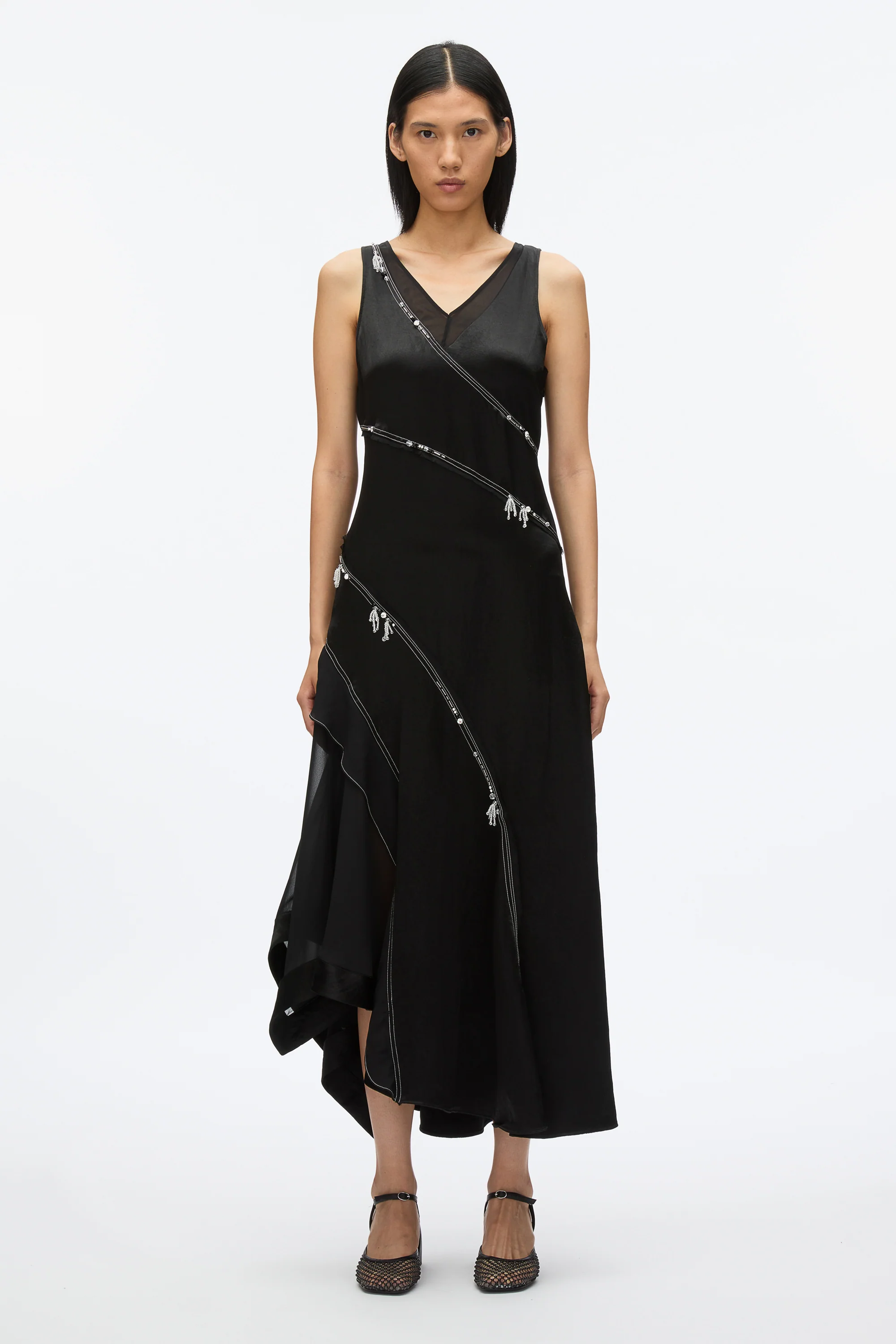 Embroidered V-Neck Satin Gown