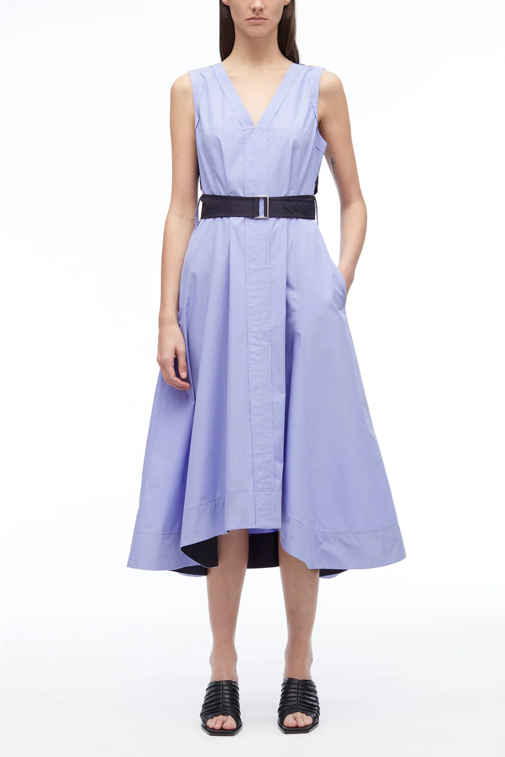 V-Neck Belted Poplin Midi Dress - Image 2