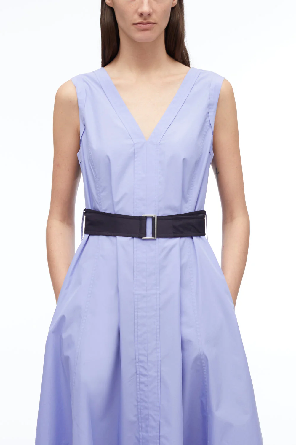 V-Neck Belted Poplin Midi Dress - Image 3