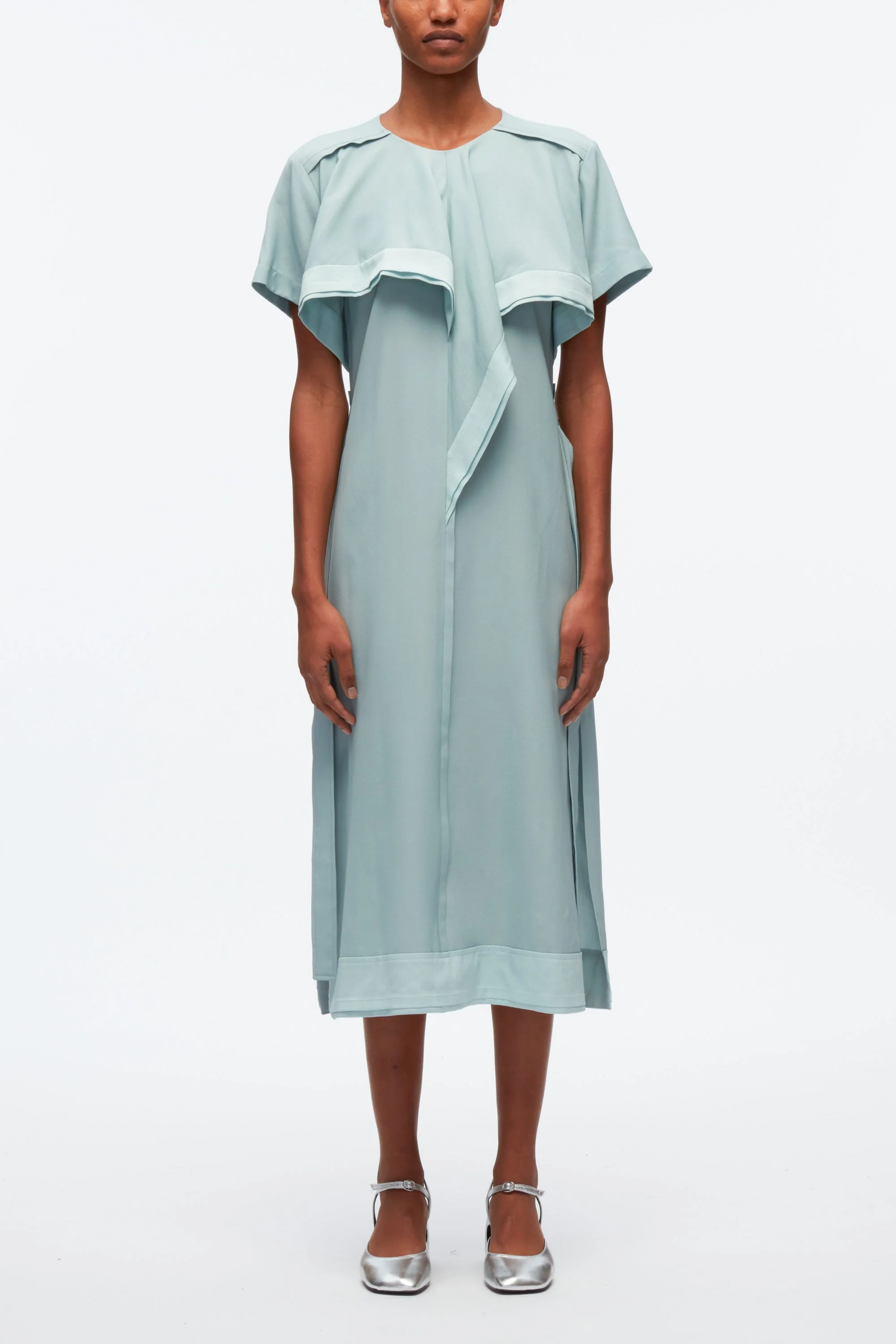 Short Sleeve Belted Dress With Cascade Drape - Image 2