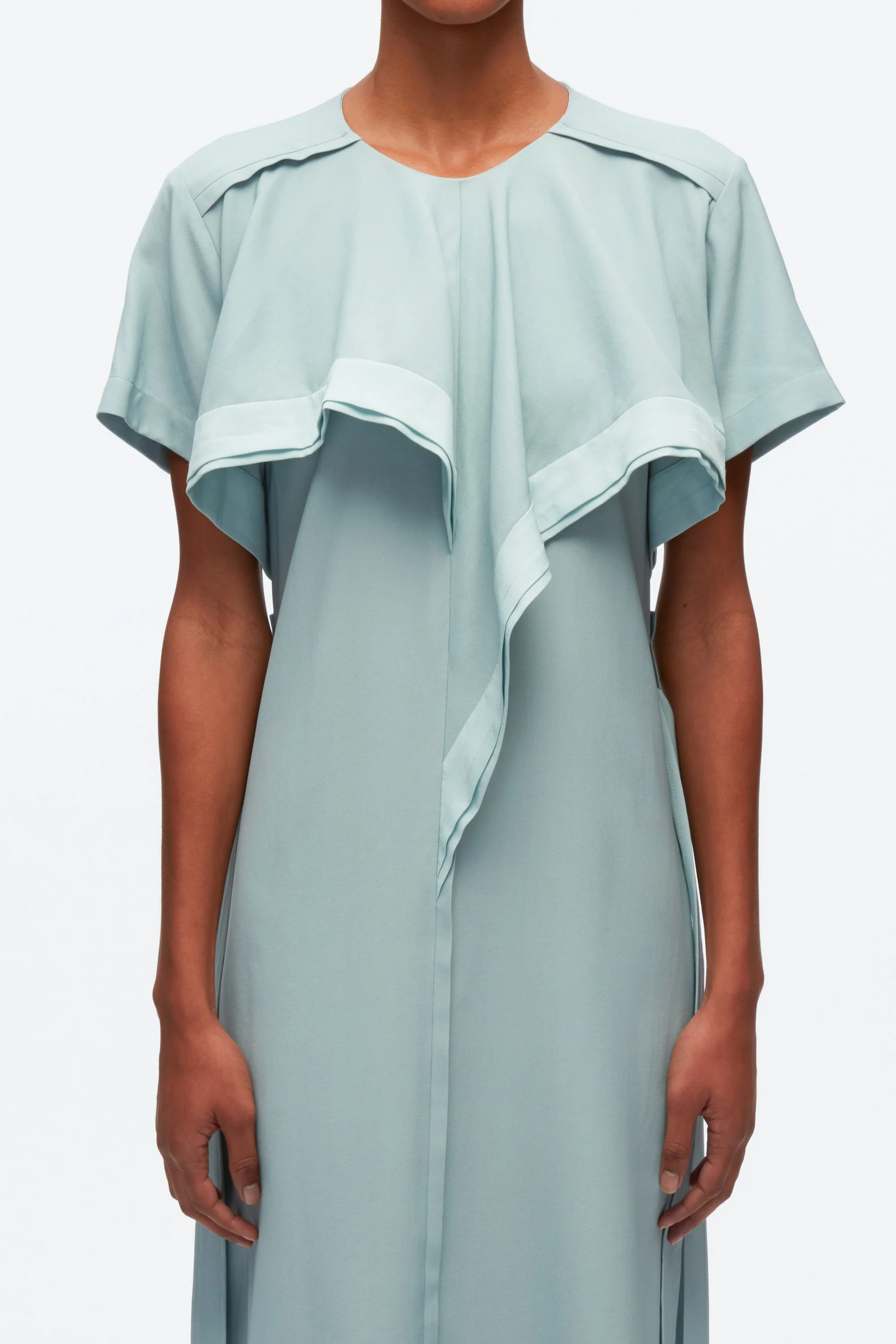 Short Sleeve Belted Dress With Cascade Drape - Image 3