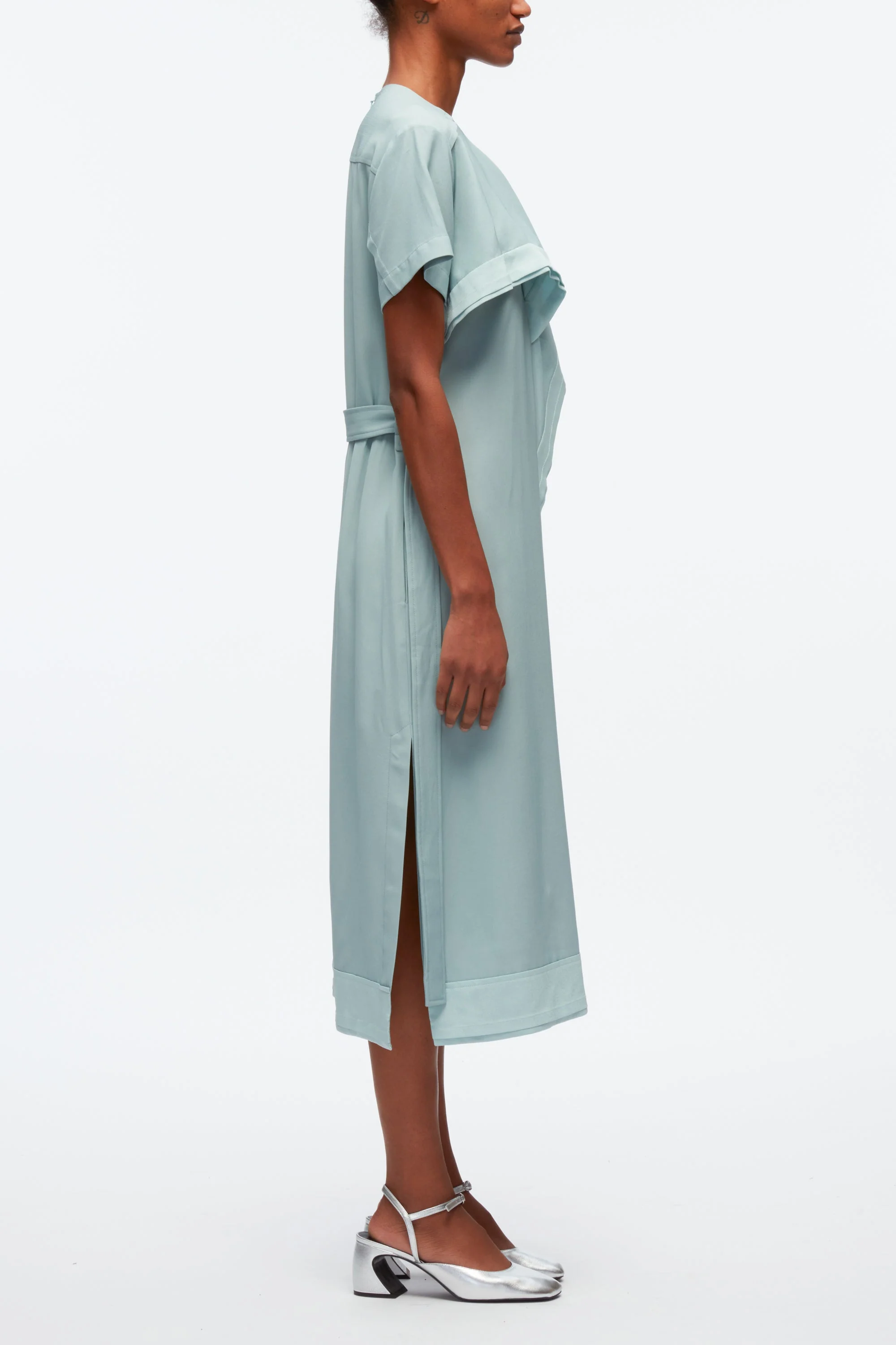 Short Sleeve Belted Dress With Cascade Drape - Image 4