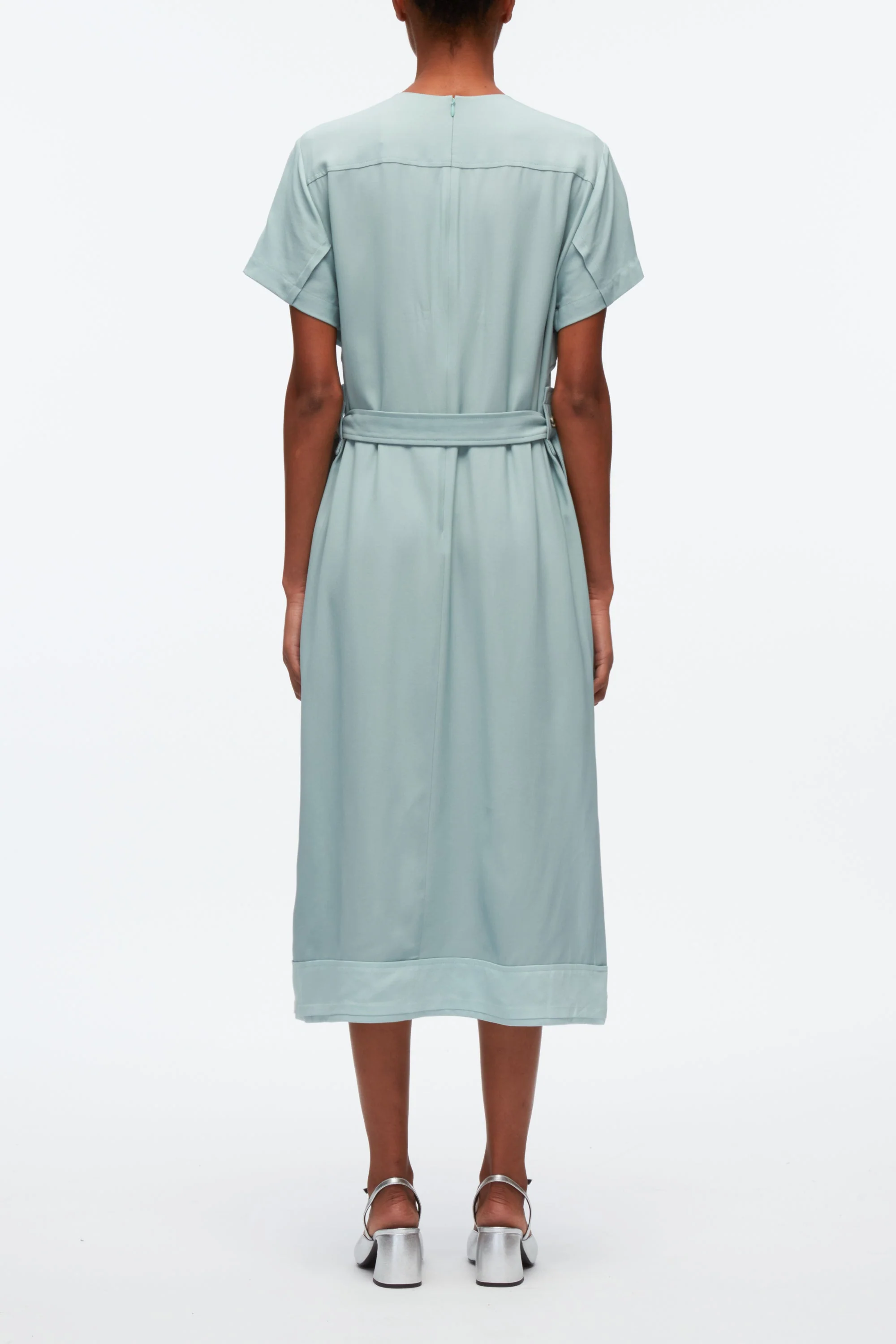 Short Sleeve Belted Dress With Cascade Drape - Image 5