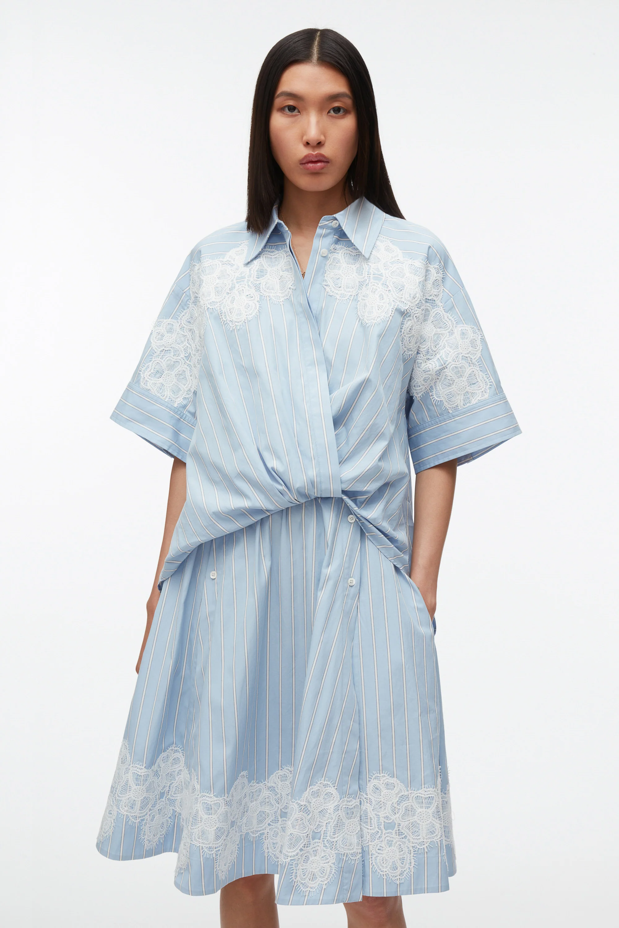 Tucked Front Shirt Dress with Lace Trim - Image 2