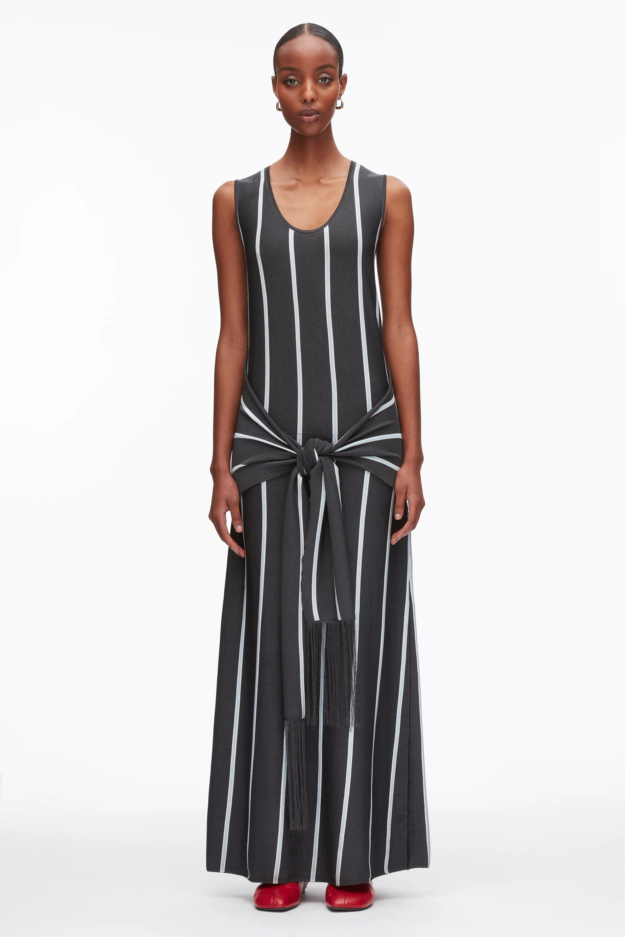 Stripe Midi Dress with Fringe Waist Tie - Image 2