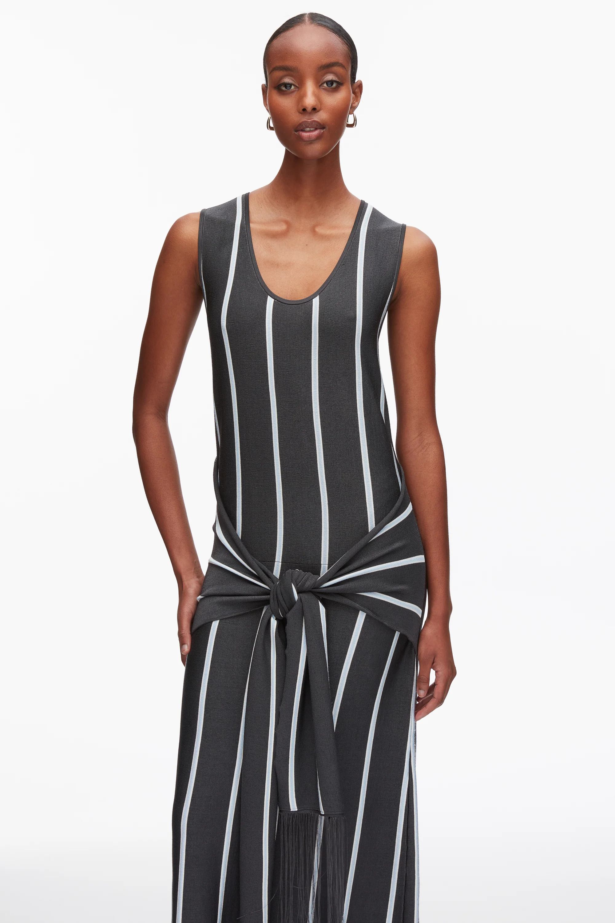 Stripe Midi Dress with Fringe Waist Tie - Image 5