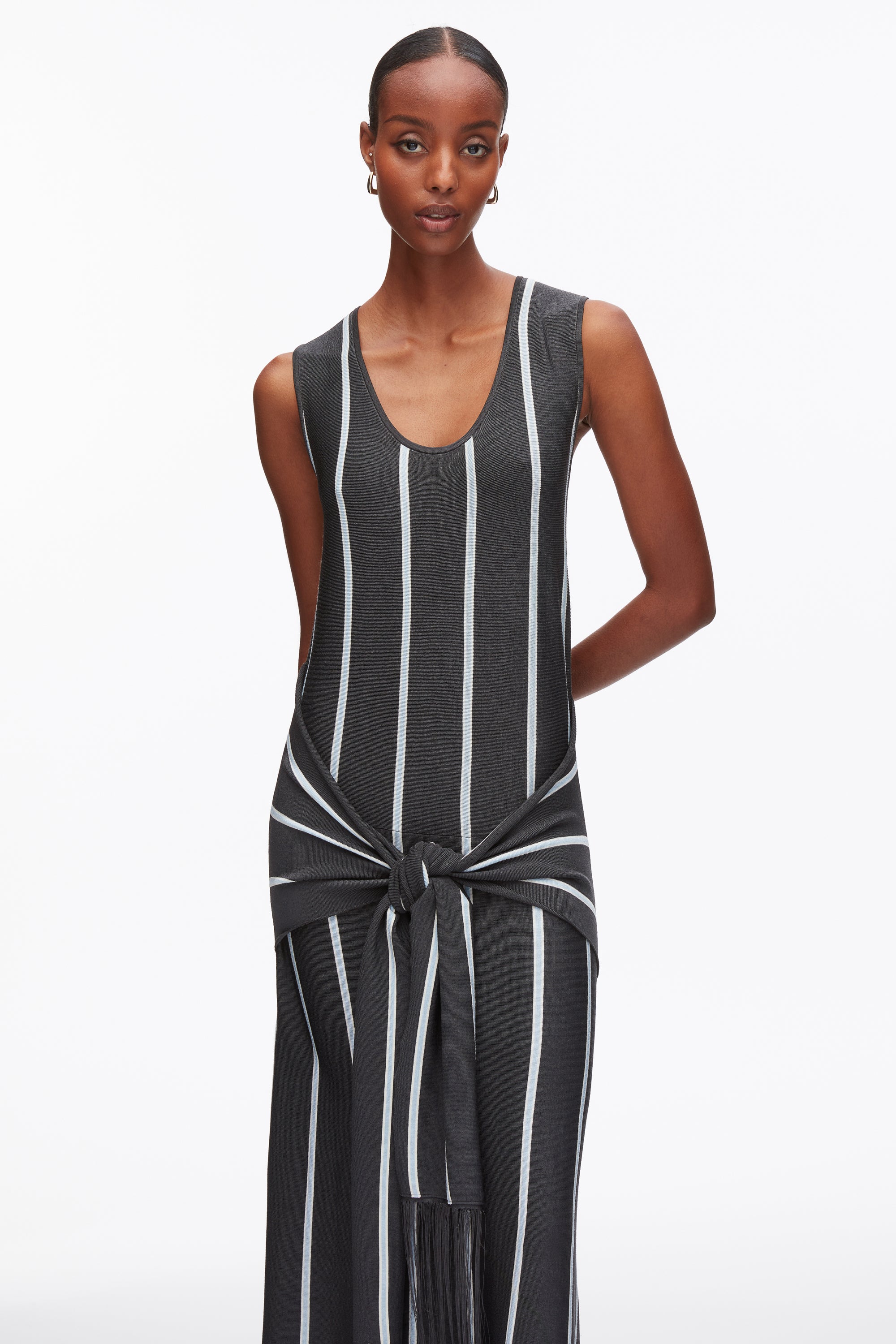Stripe Midi Dress with Fringe Waist Tie - Image 6