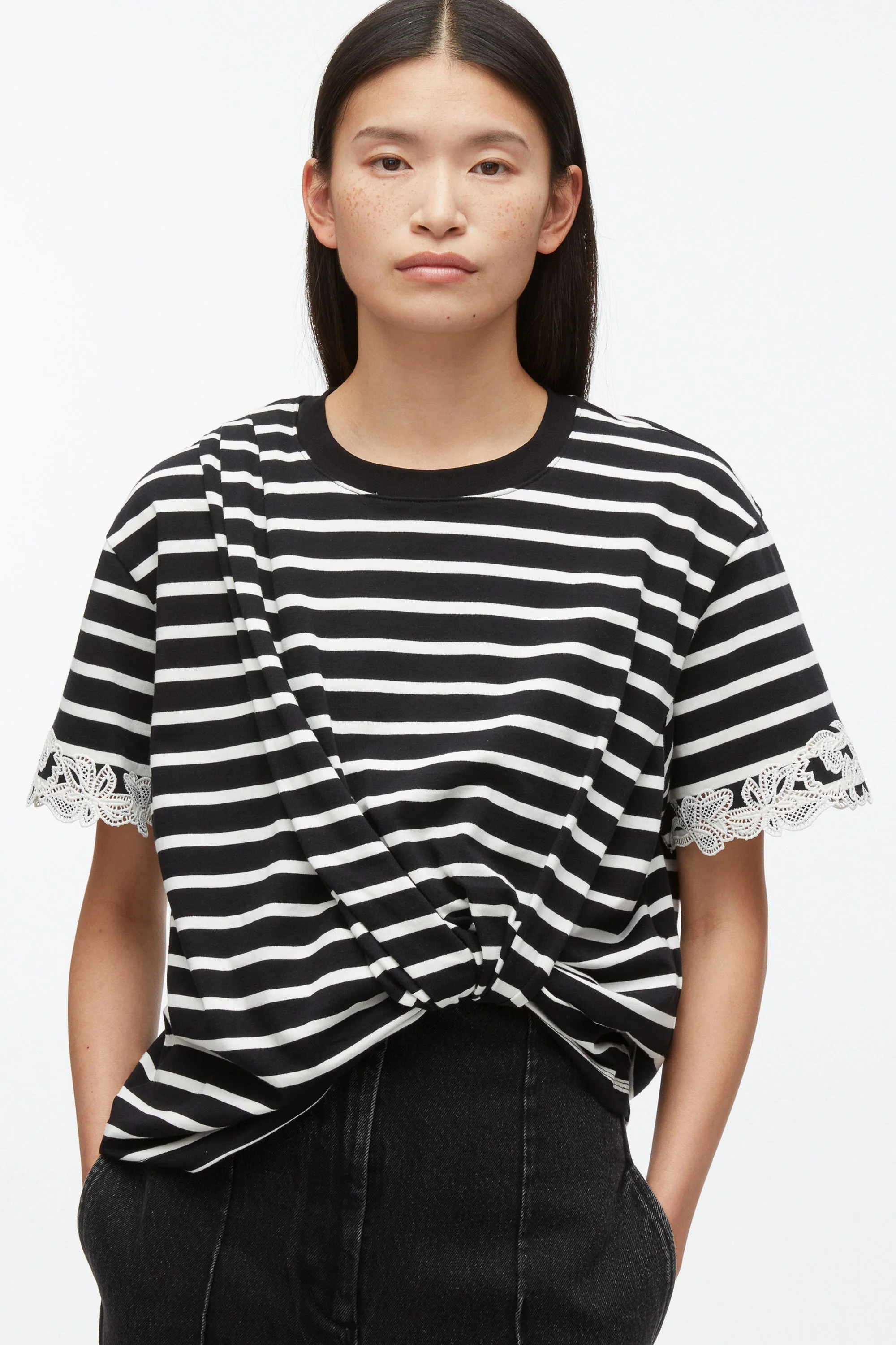 Draped Tee with Lace Embroidery - Image 10