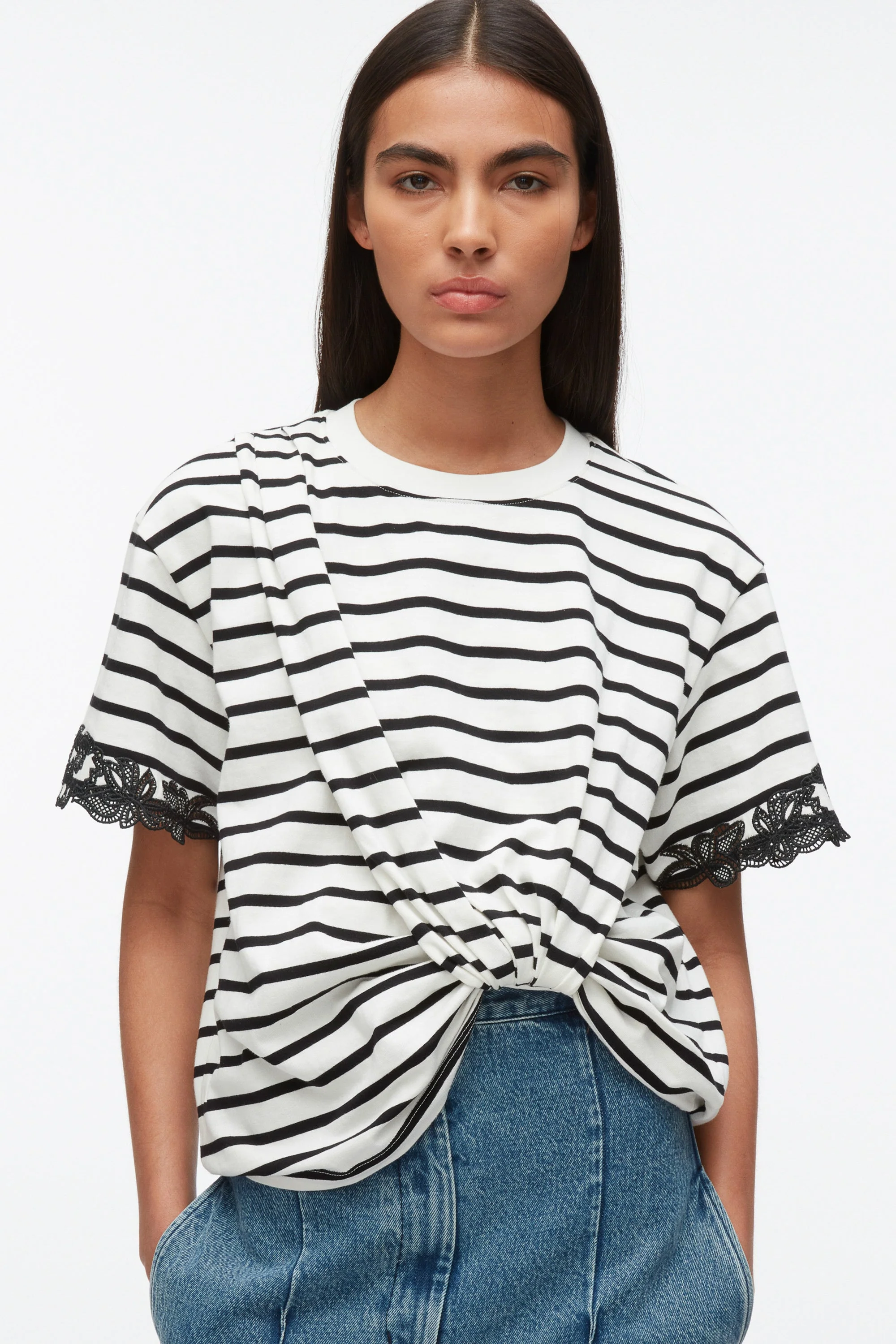 Draped Tee with Lace Embroidery - Image 5