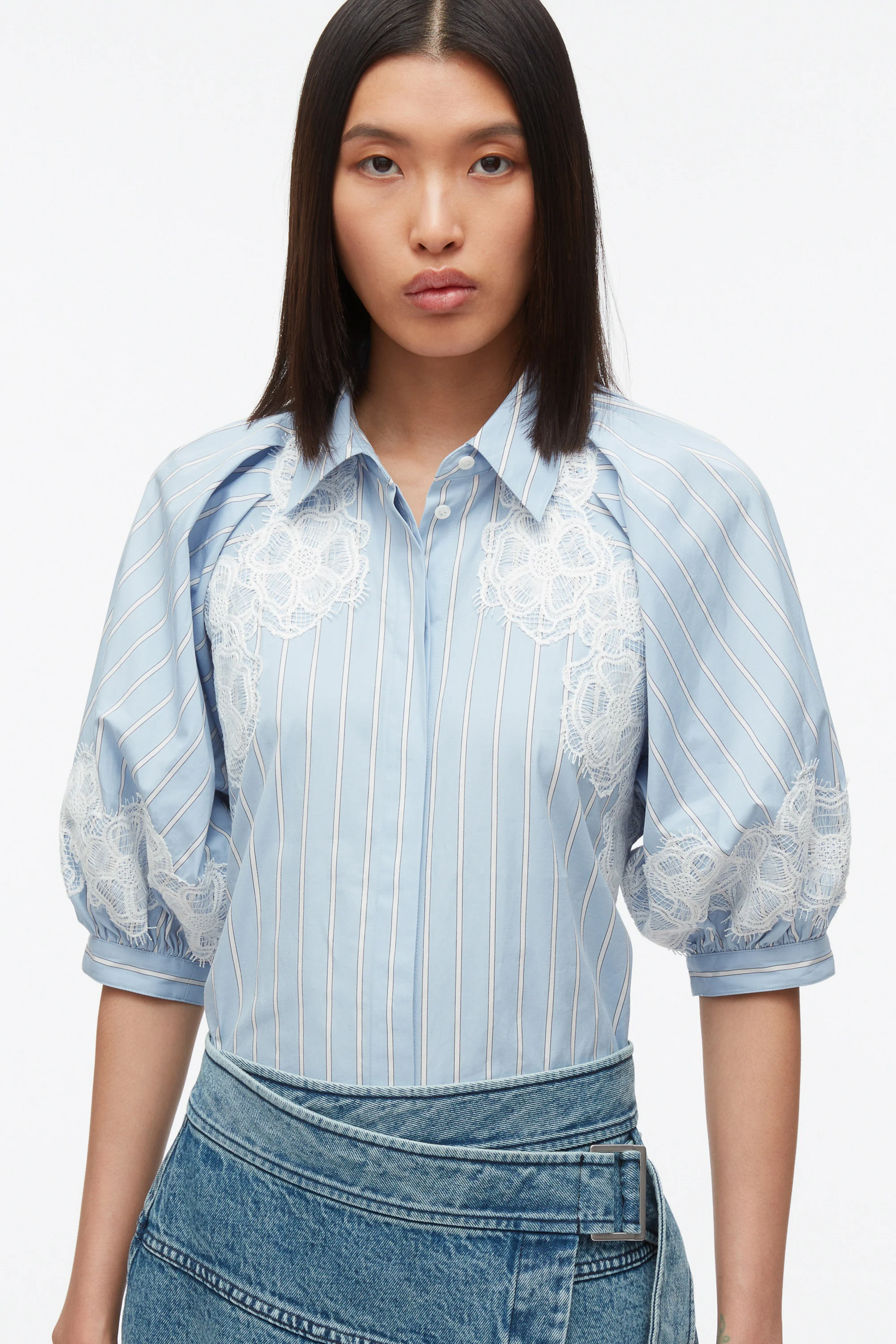 Lantern Sleeve Stripe Shirt with Lace - Image 5
