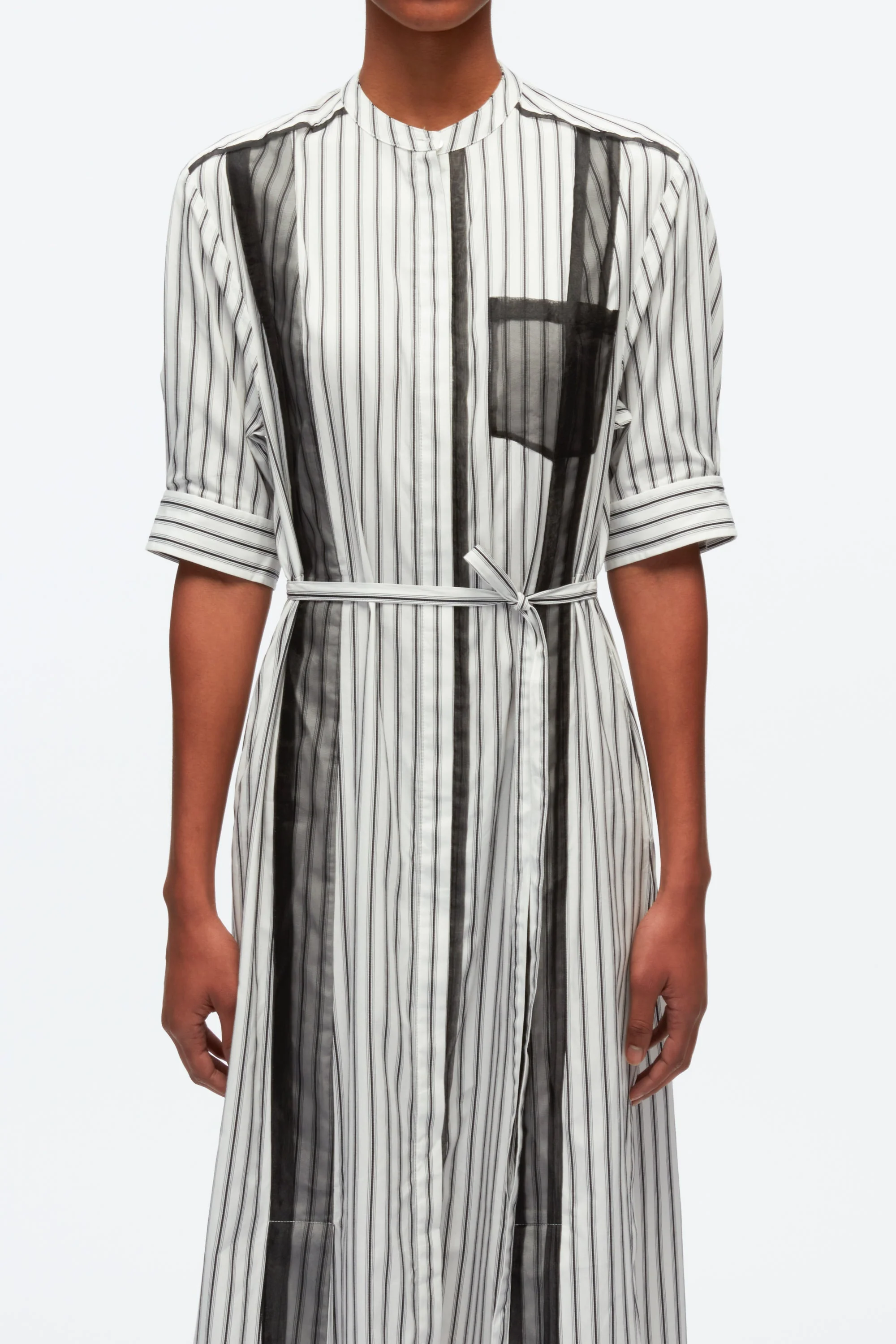 Striped Shirt Dress With Organza Overlay - Image 4
