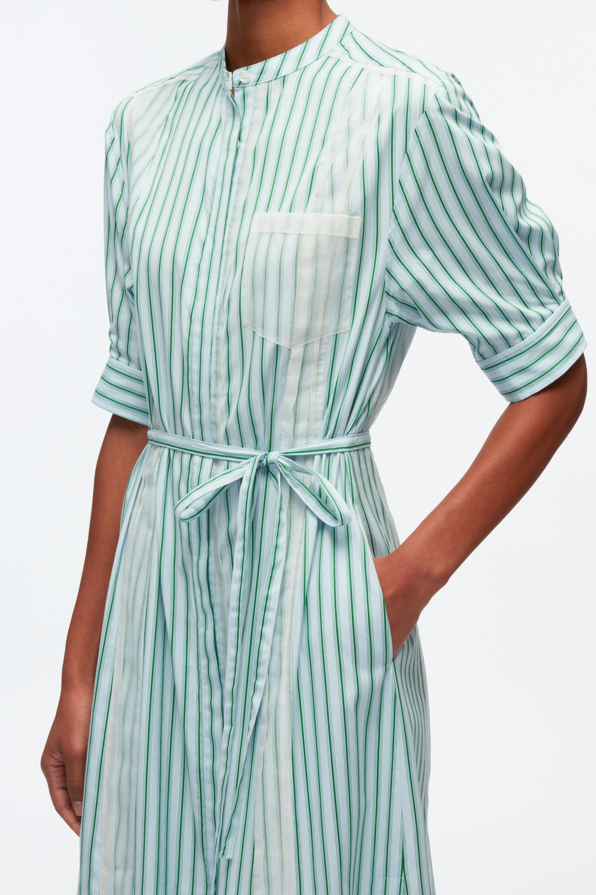 Striped Shirt Dress With Organza Overlay - Image 9