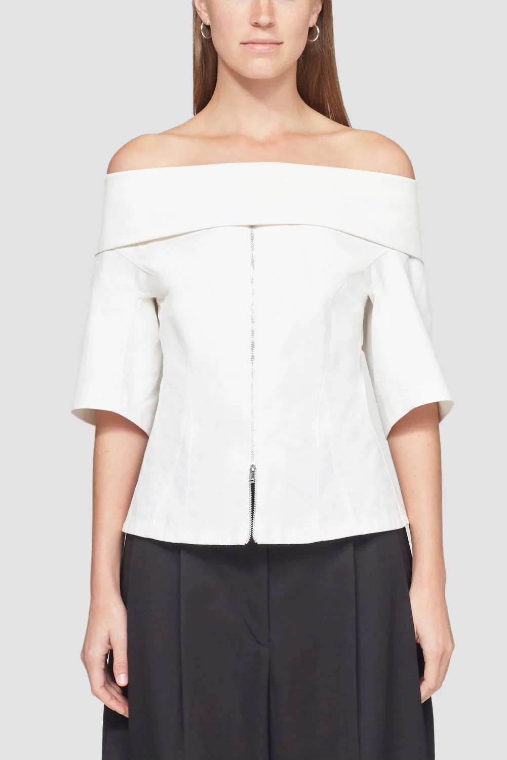 Structured Cotton Off Shoulder Zip-Front Top - Image 2