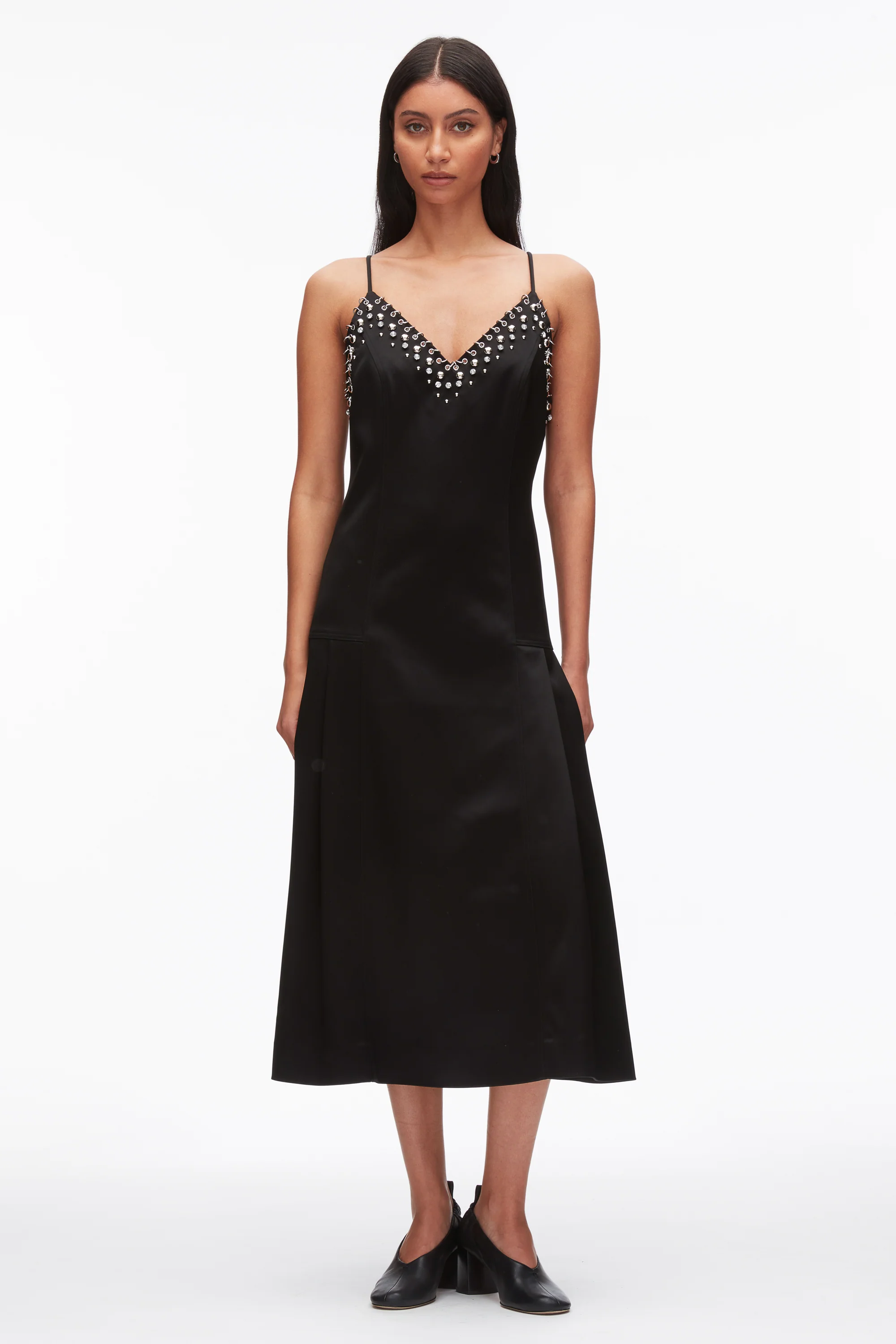 Studded Satin Pleated Cami Midi Dress