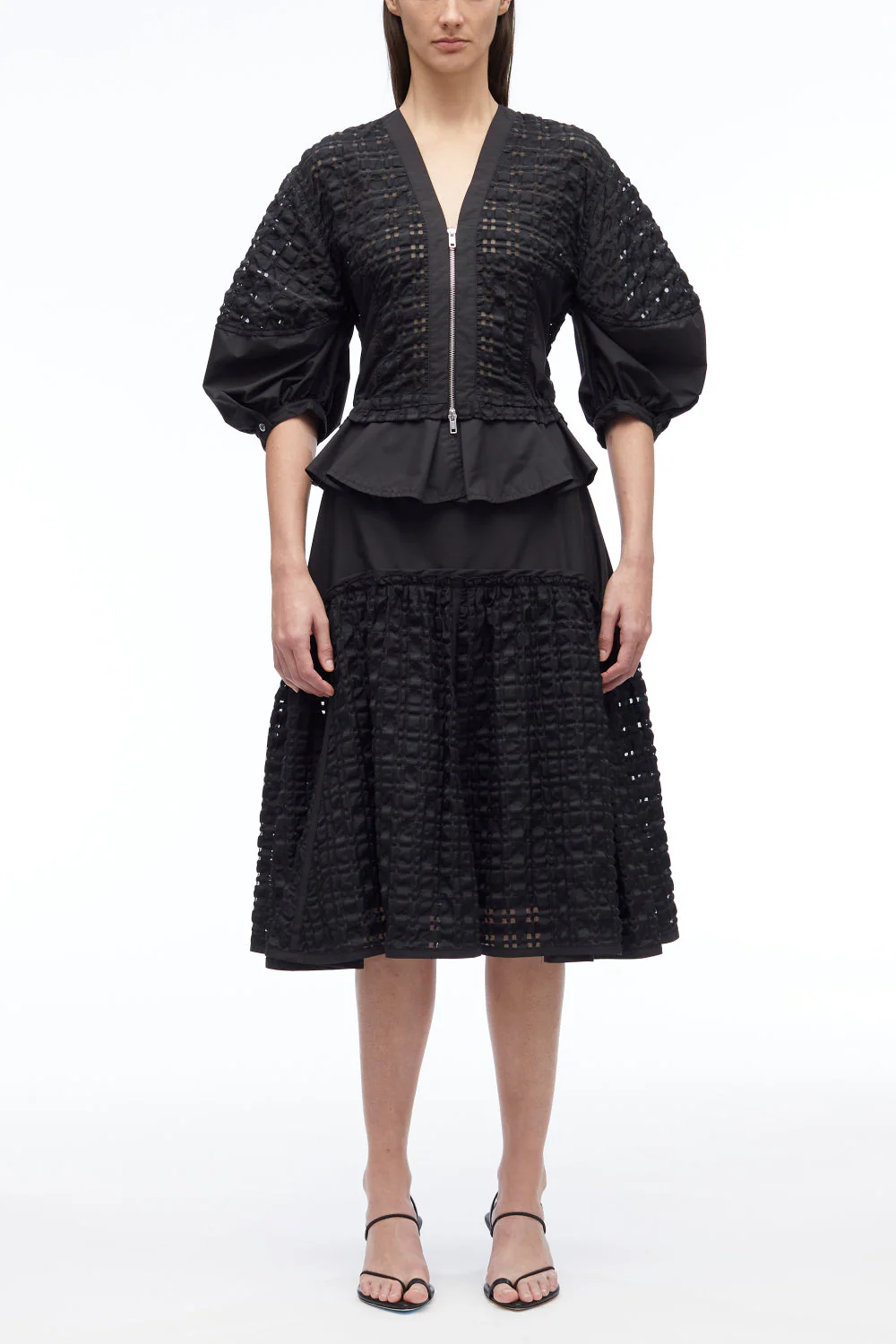 Taffeta Check Puff Sleeve Zip Top