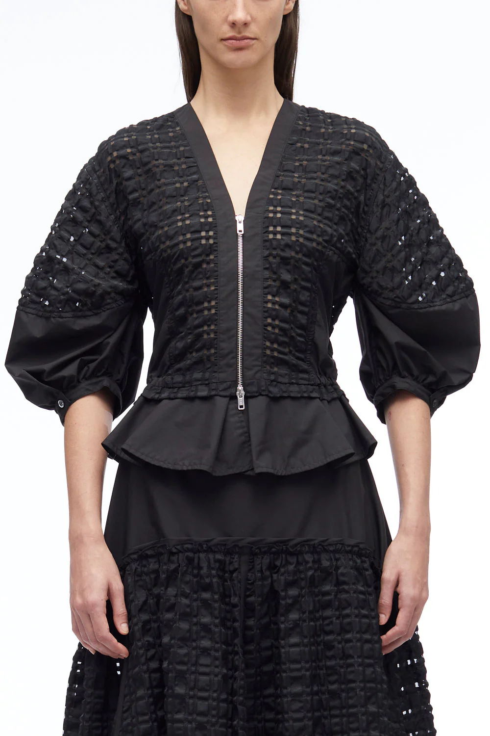 Taffeta Check Puff Sleeve Zip Top - Image 2