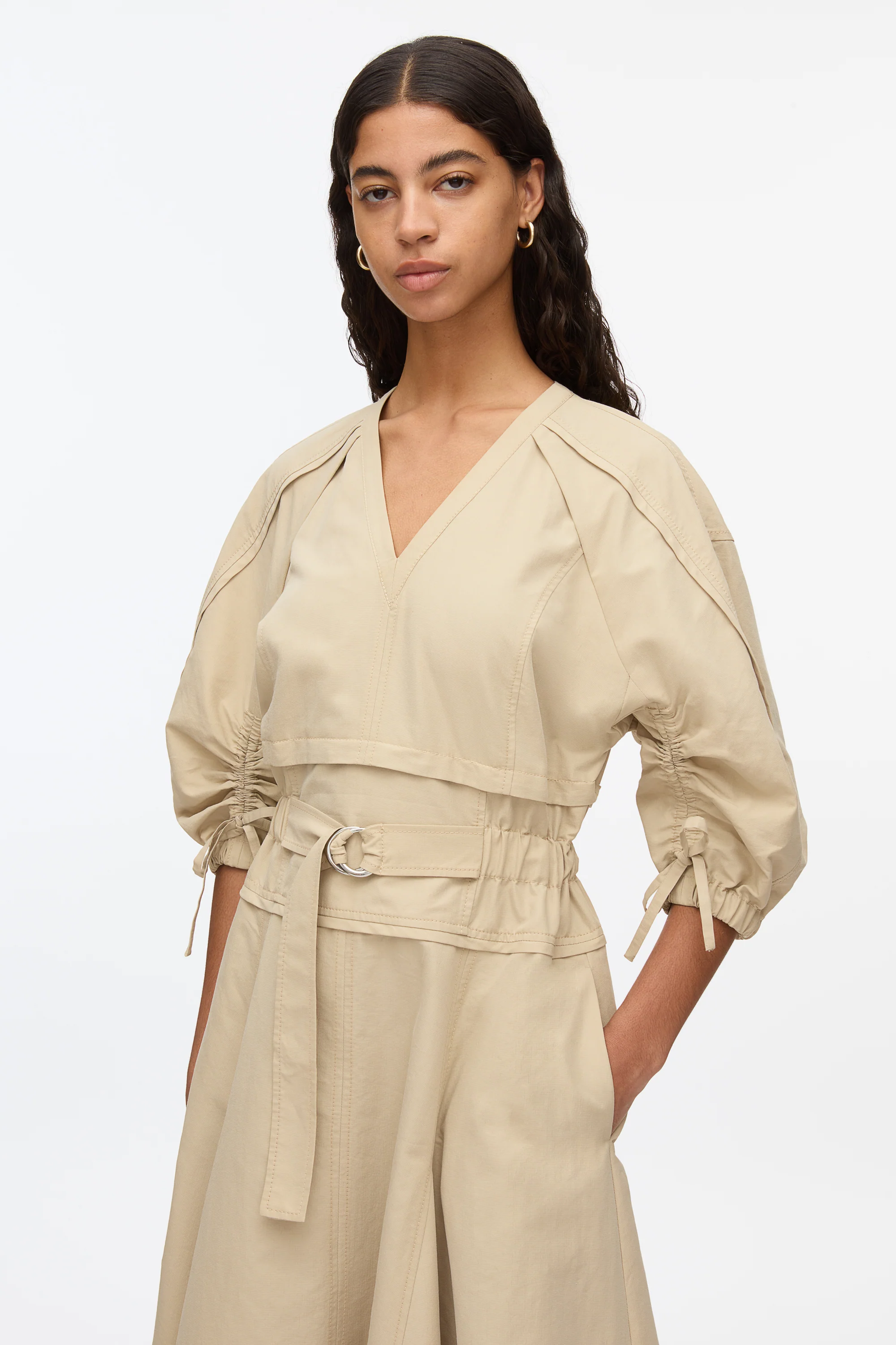 Cinched V-Neck Dress with Gathered Sleeves - Image 9