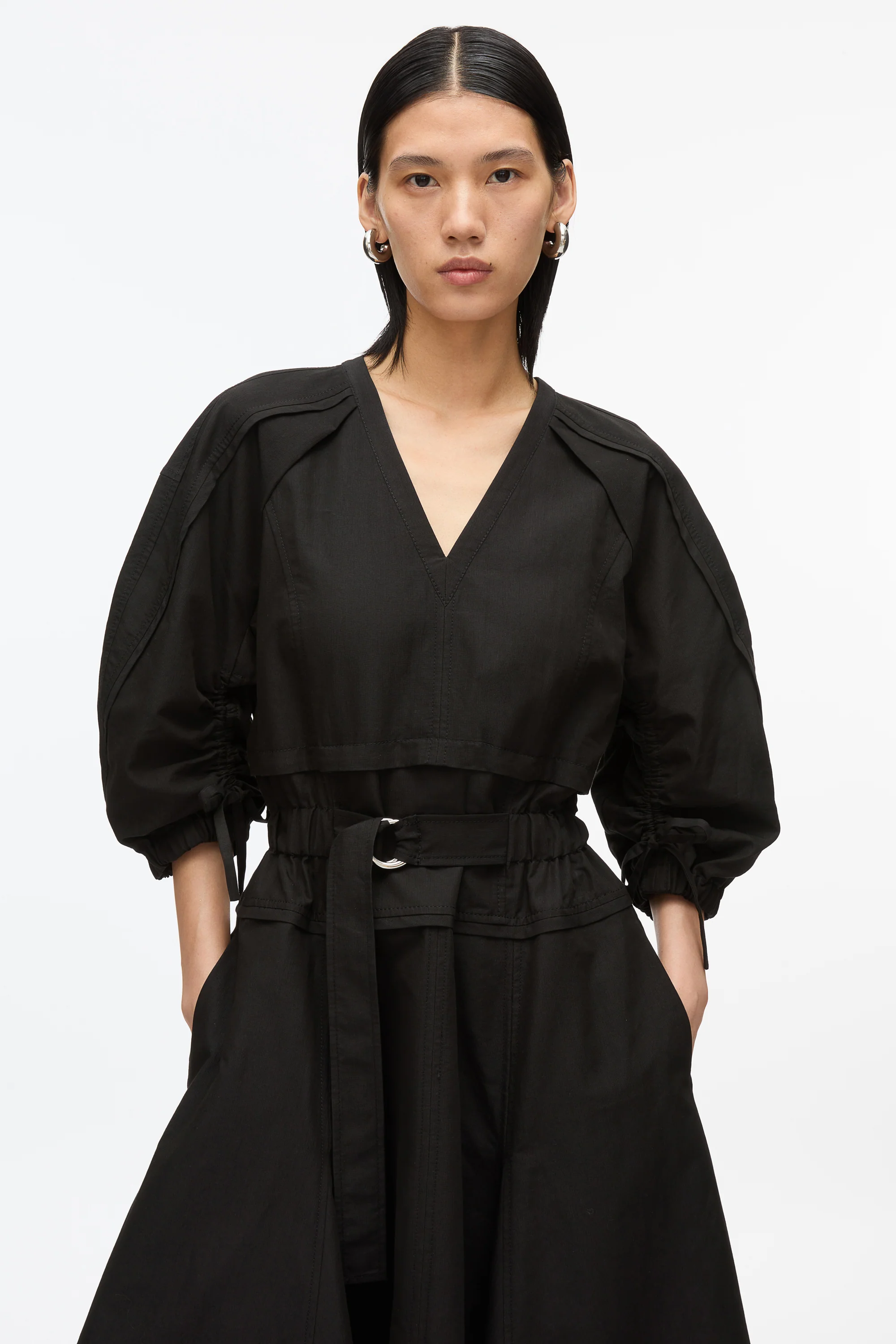 Cinched V-Neck Dress with Gathered Sleeves - Image 4
