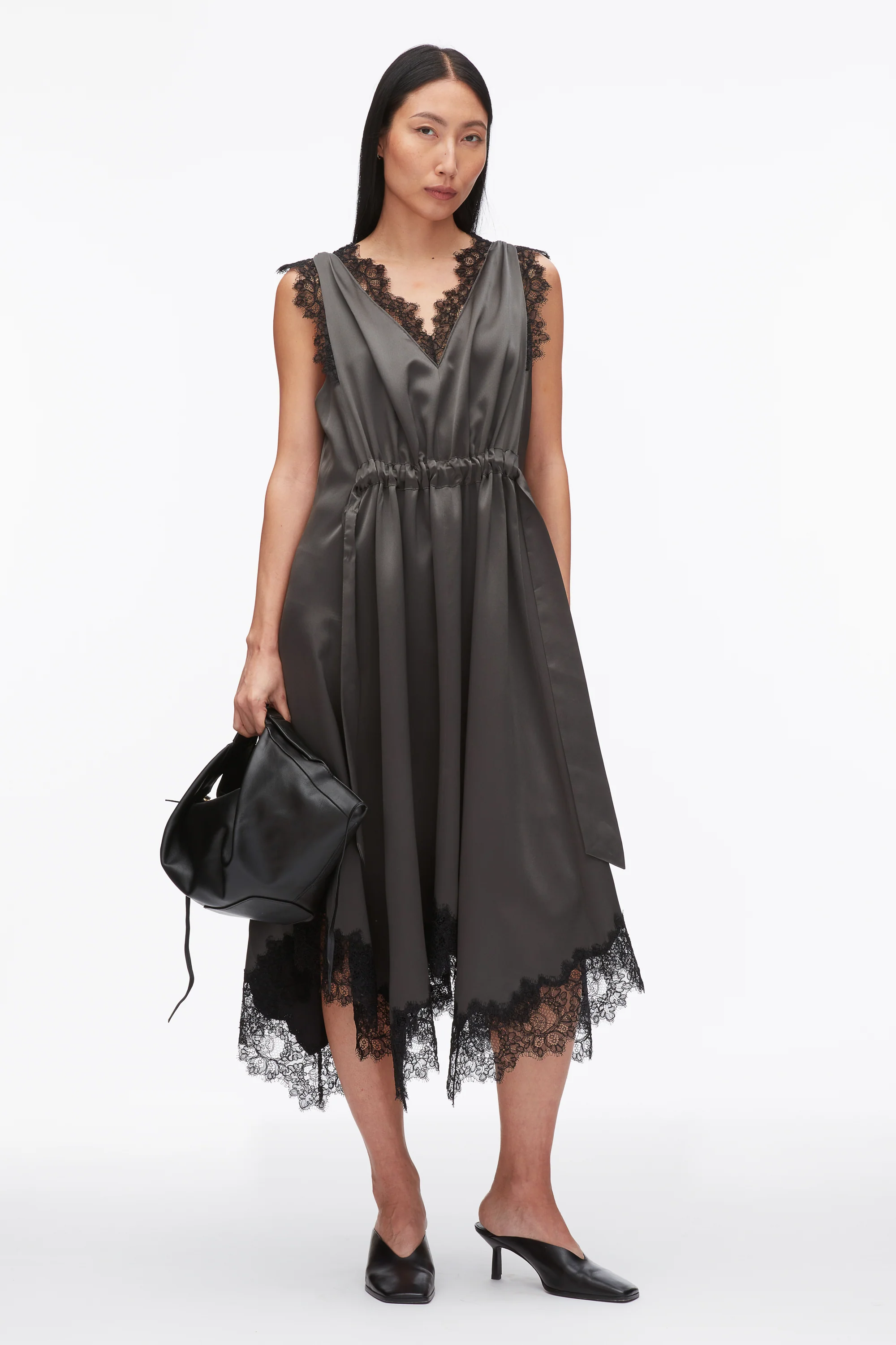 V-Neck Midi Dress with Lace Trim