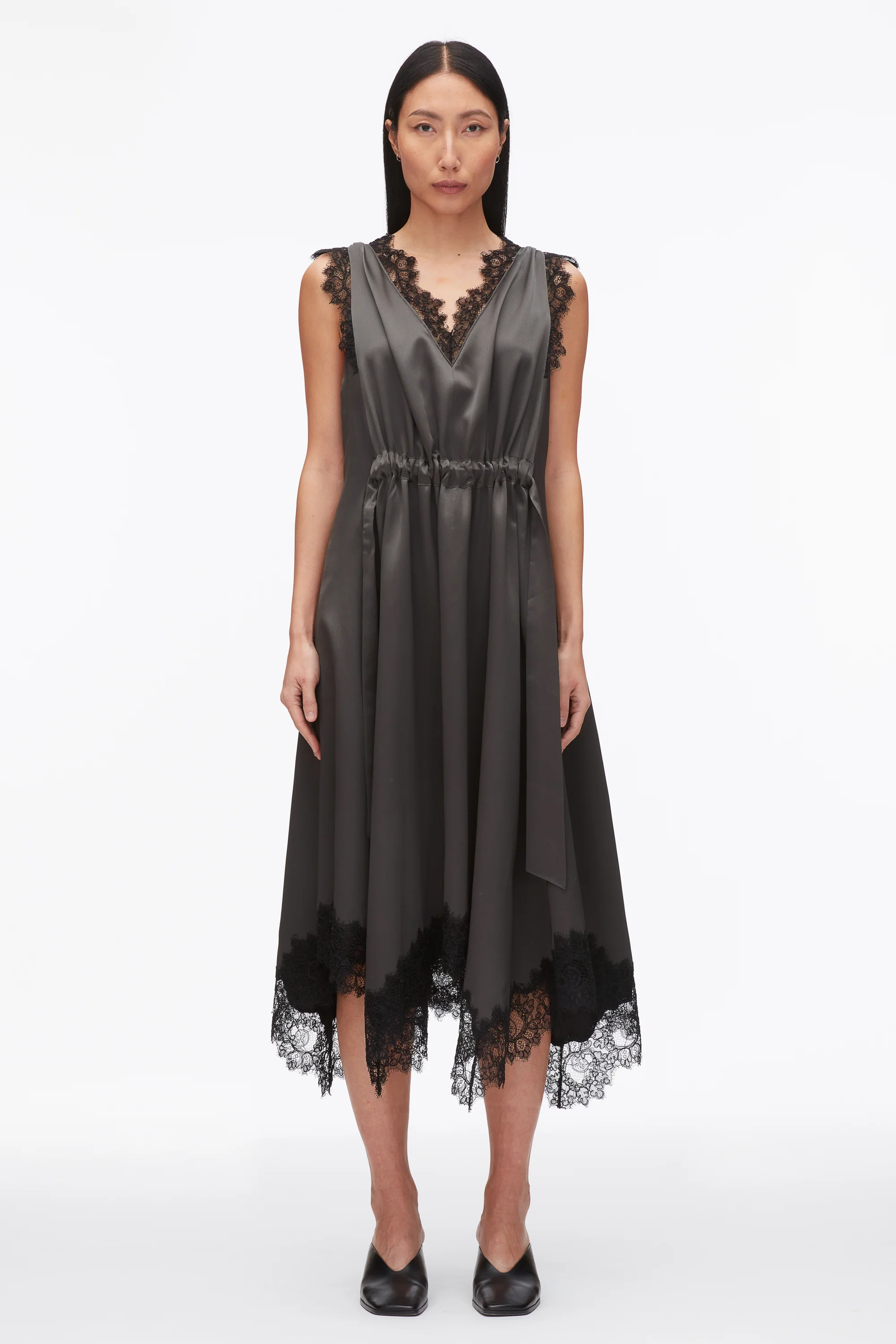 V-Neck Midi Dress with Lace Trim - Image 2