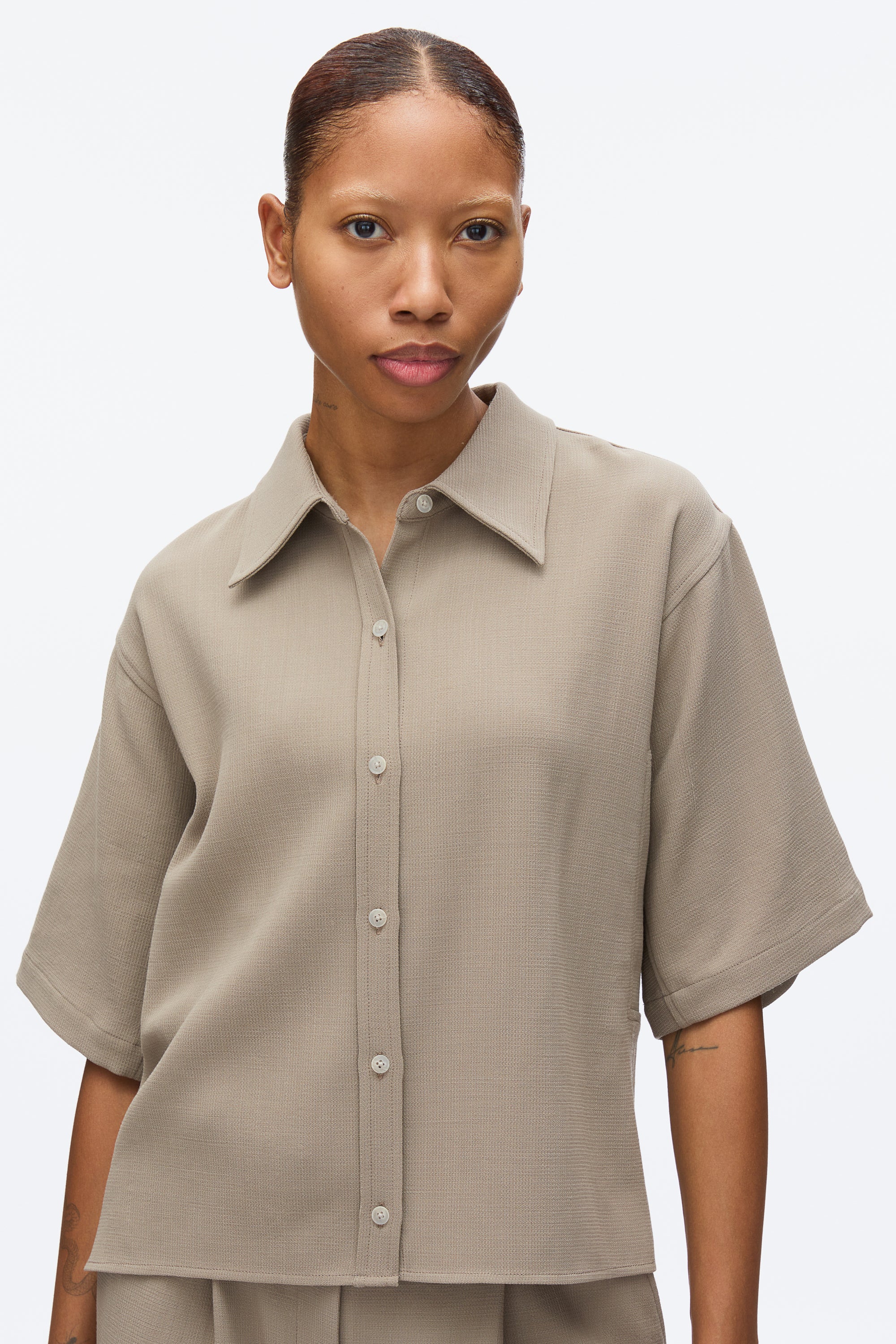 Wool Crepe Boxy Shirt Sleeve Shirt - Image 6