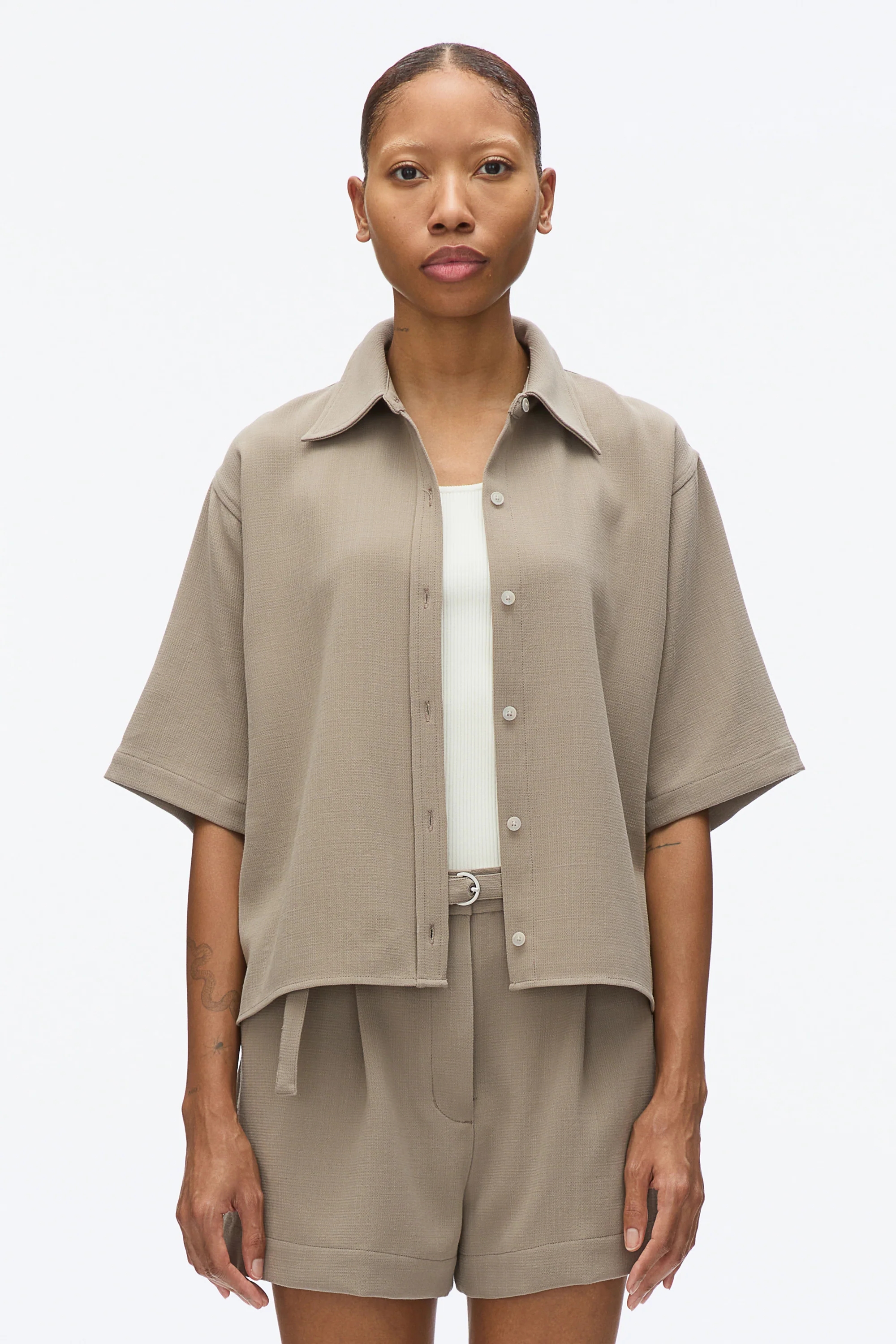 Wool Crepe Boxy Shirt Sleeve Shirt - Image 3